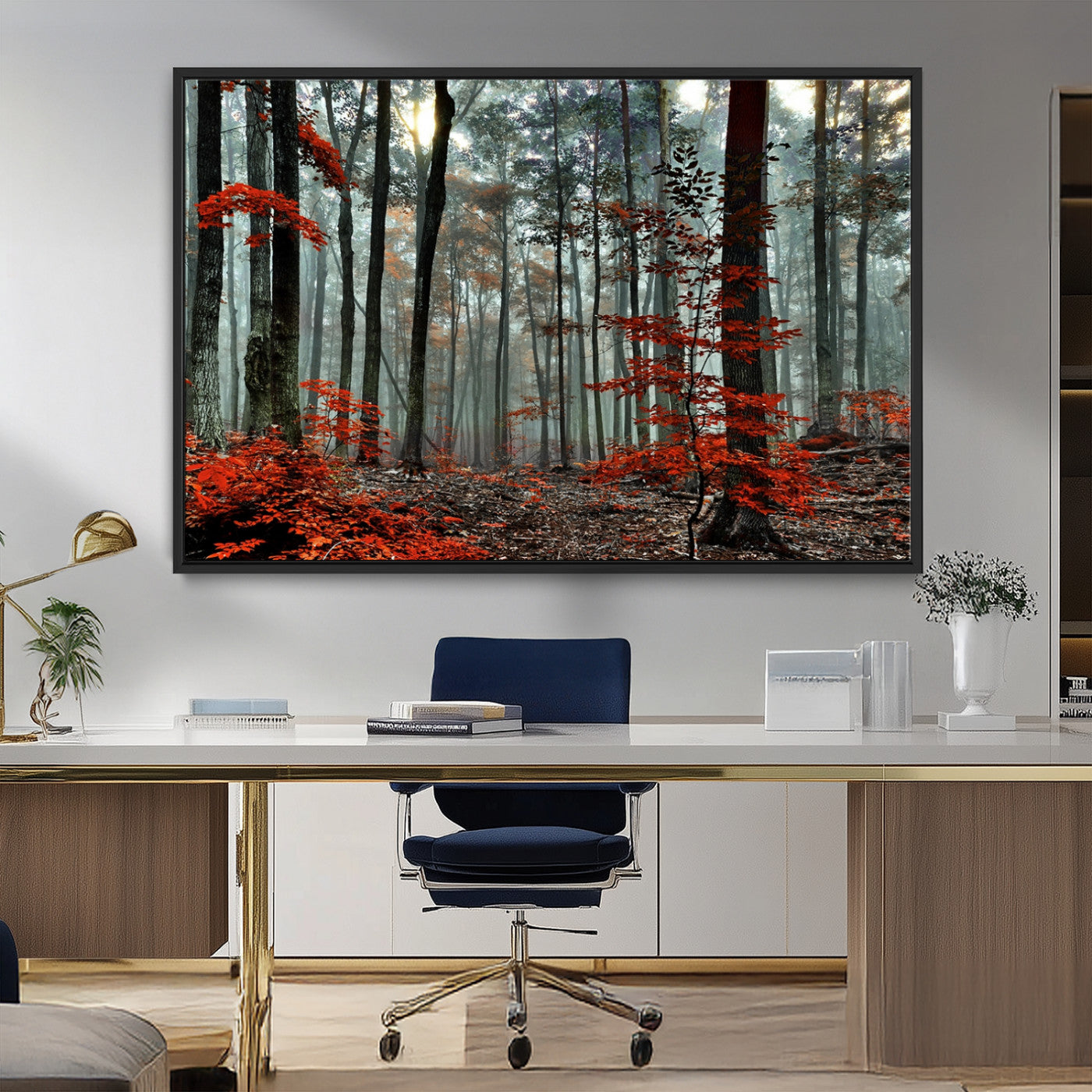 MGV-FC-36X24 - Autumn Forest Canvas Wall Art – Enchanting Red Leaves Triptych Print – Nature-Inspired Decor for