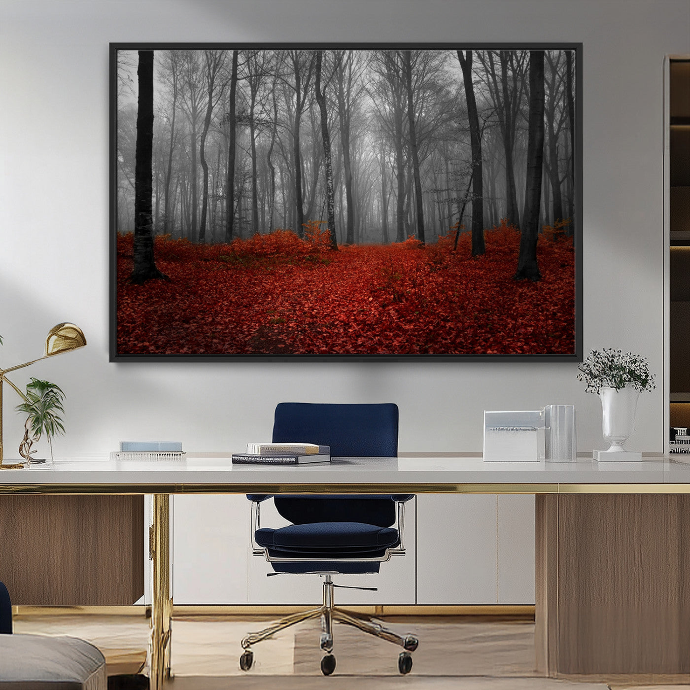 MGV-FC-36X24 - Red Forest Floor Canvas Wall Art – Mystical Foggy Woodland Triptych – Nature-Inspired Decor for