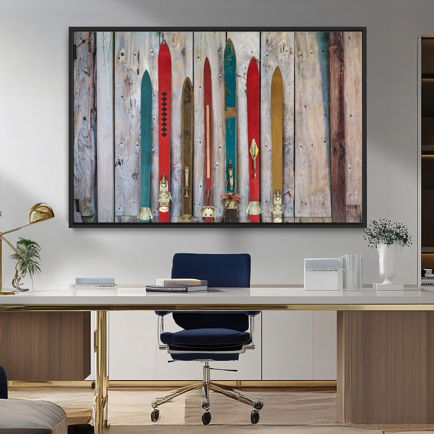MGV-FC-36X24 - Vintage Wooden Weathered Ski's in Front of an Old Barn Wall Art Canvas Print for Farmhouse, Cabin