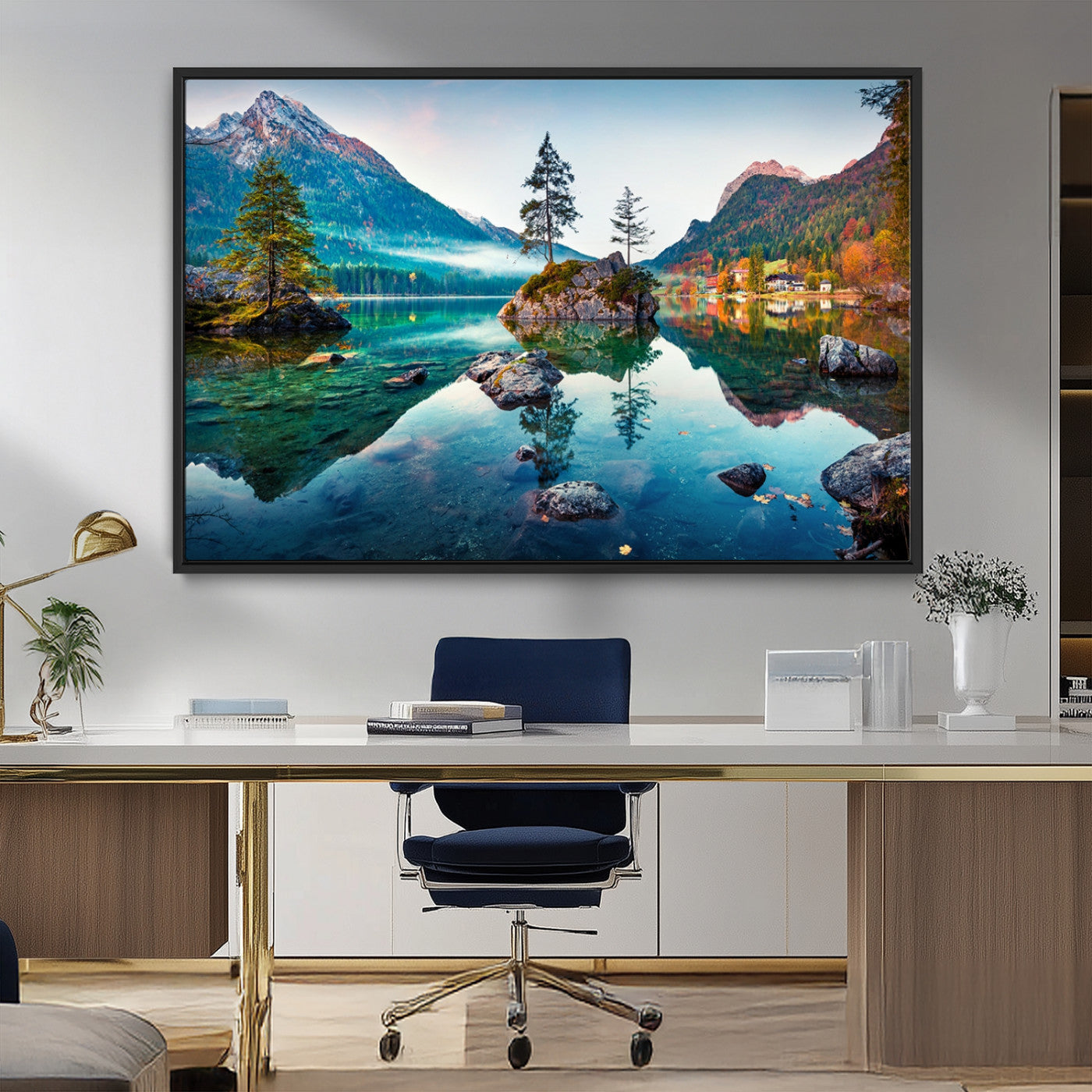 55009-MGV-FC-36X24_Black-Crystal Clear Lake Wall Art | Mountains Wall Art Canvas | 3 Panel Large Landscape Print for Dining