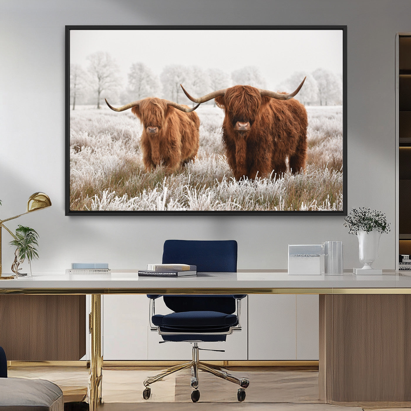 MGV-FC-36X24 - Longhorn Cattle Wall Art Canvas Print, Framed Farmhouse Style Art Picture Print, Rustic Cow Perfect Rustic Farmhouse Decor Artwork