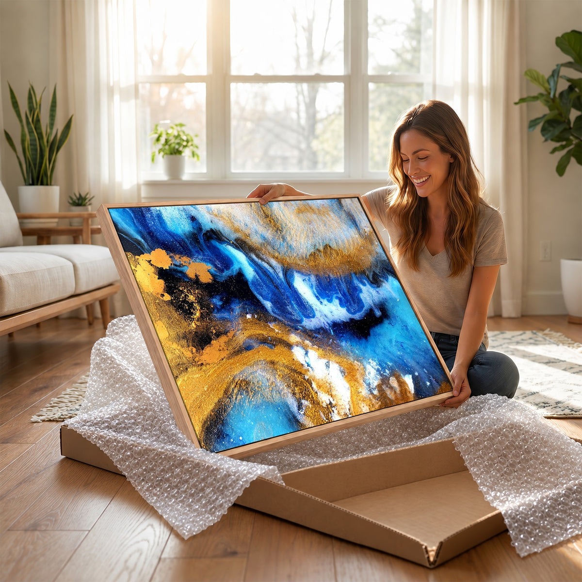 42100-_Poster-30x20 - Large Abstract Wall Art Print | Gold and Blue Abstract Canvas Wall Art