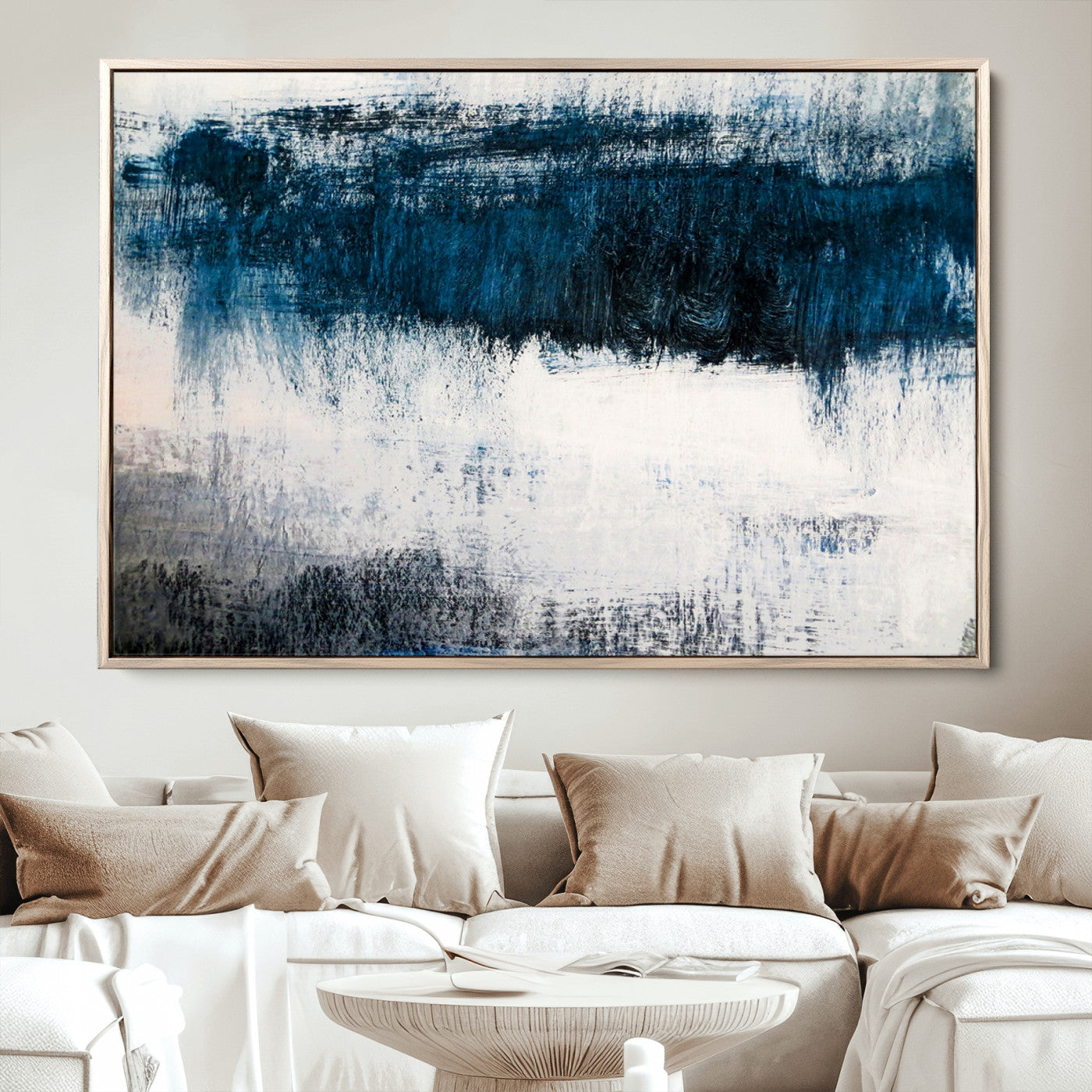 38954-MGV-CV-36X24-Abstract Blue and White Canvas Art | Large Wall Art for Modern Living Room Decor | Minimalist Brushstroke Painting on Canvas