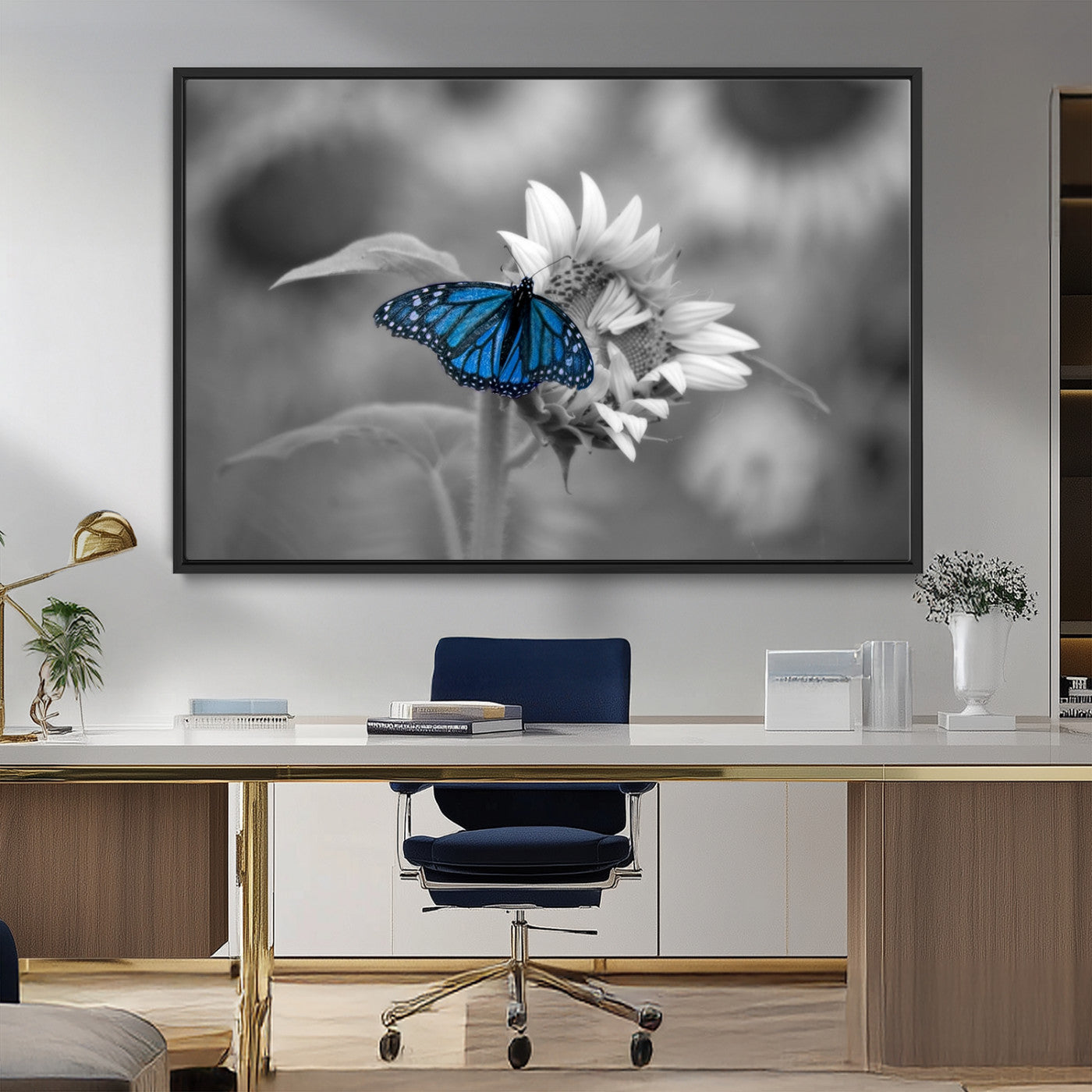 MGV-FC-36X24 - Blue Butterfly Black and White Canvas Wall Art