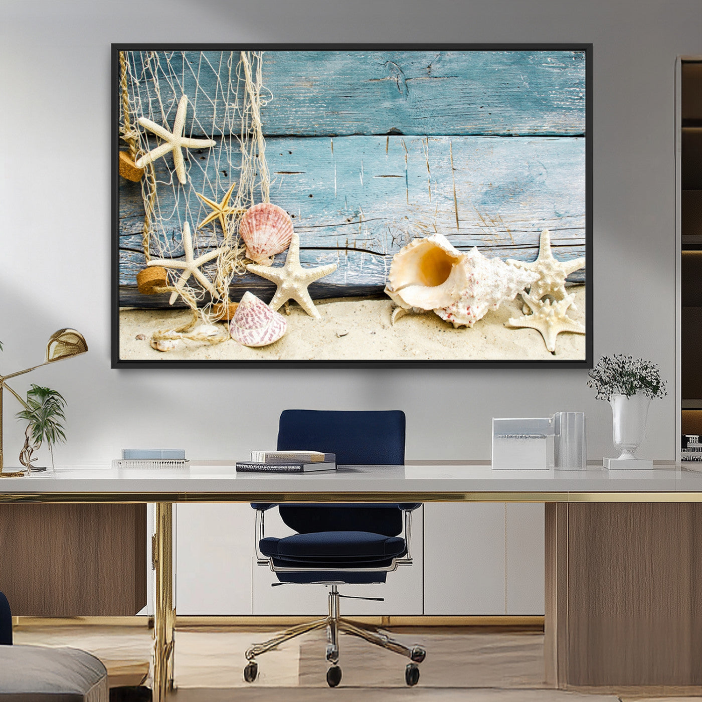 MGV-FC-36X24 - Seashells on Rustic Wooden Background, Seashells Wall Art Canvas Print