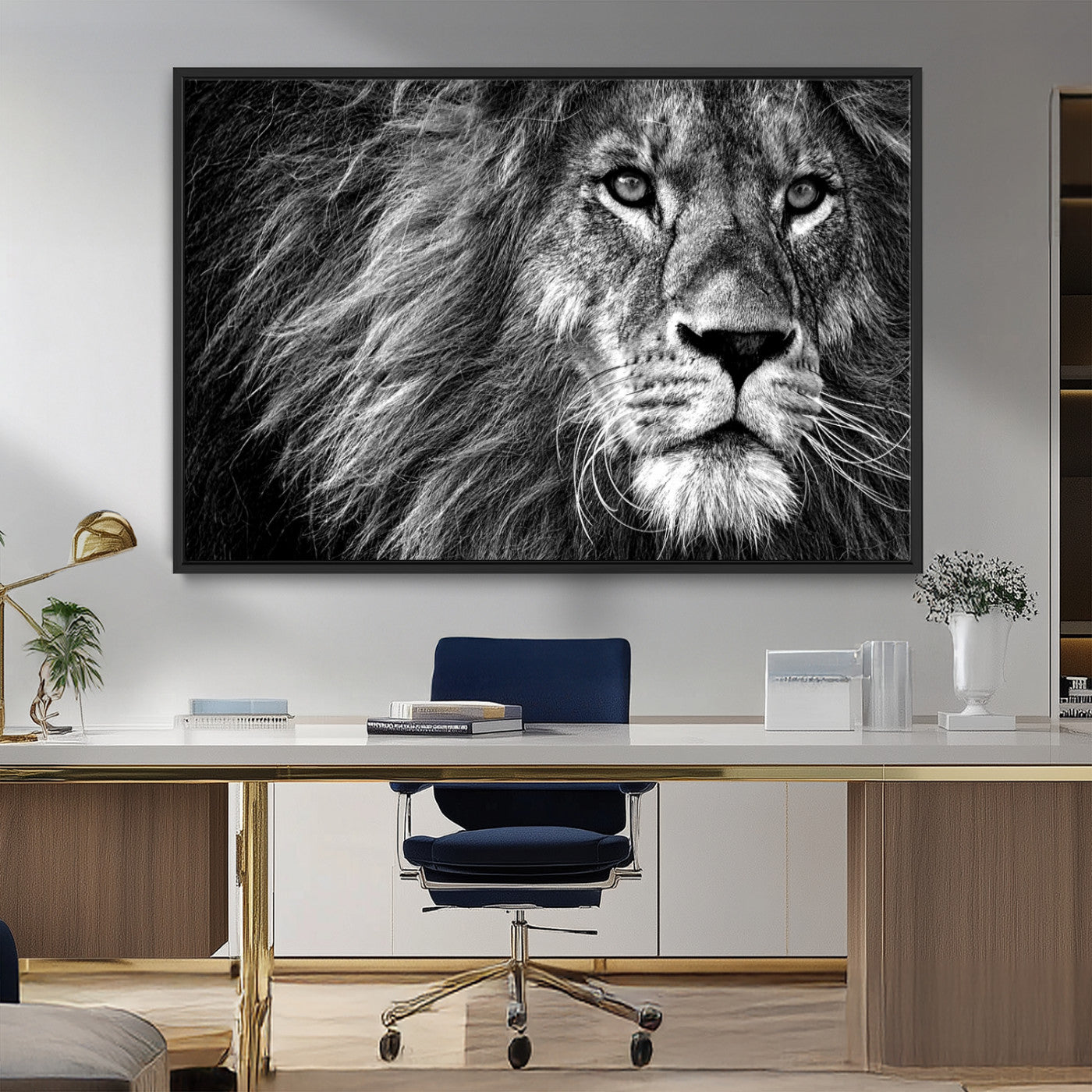 MGV-FC-36X24 - Black and White Lion Canvas Wall Art Print