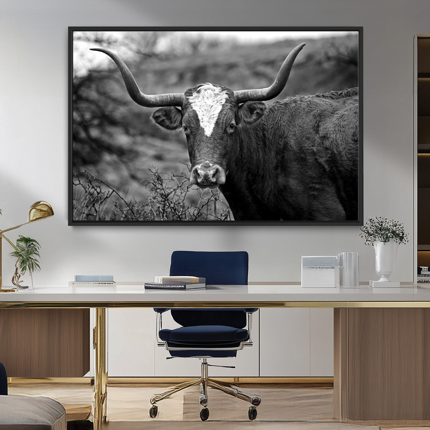 MGV-FC-36X24 - Western Home Wall Art Canvas Print, Framed Texas Longhorn Art Picture Print, Rustic Cow Perfect Rustic Farmhouse Decor Artwork