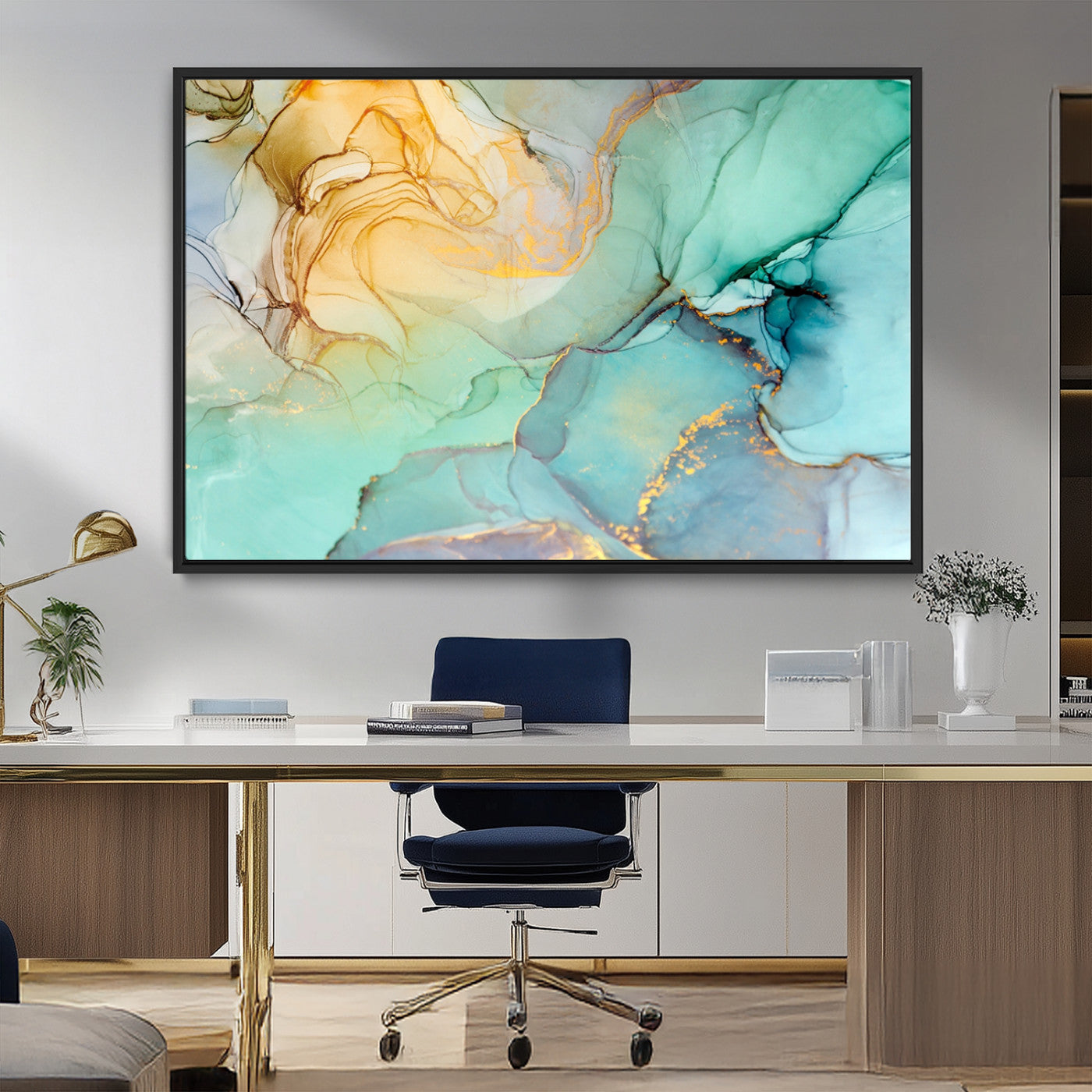 MGV-FC-36X24 - Abstract Aqua and Gold Fluid Wall Art Canvas | 3 Panel Large Canvas Print for Living Room, Office,