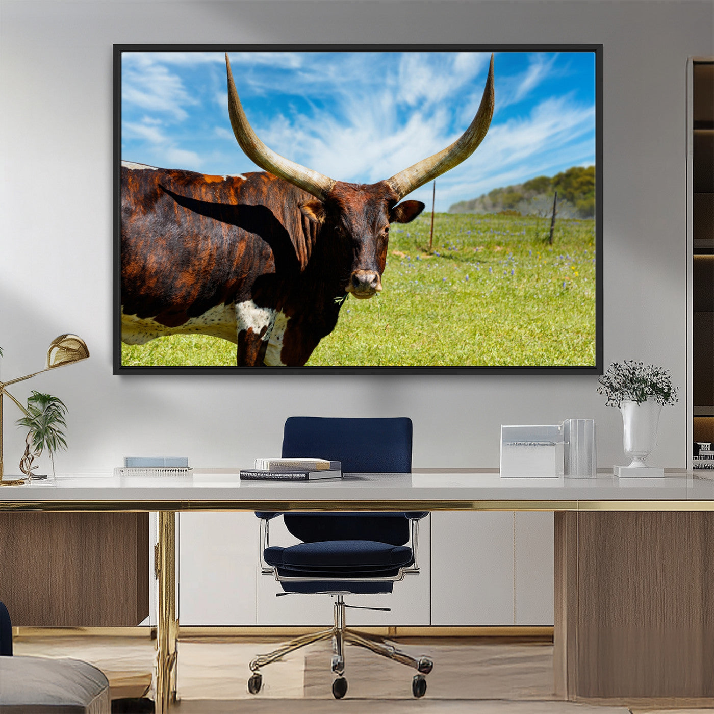 MGV-FC-36X24 - Longhorn and Cow Wall Art, Country Cow Wall Decor Canvas Print