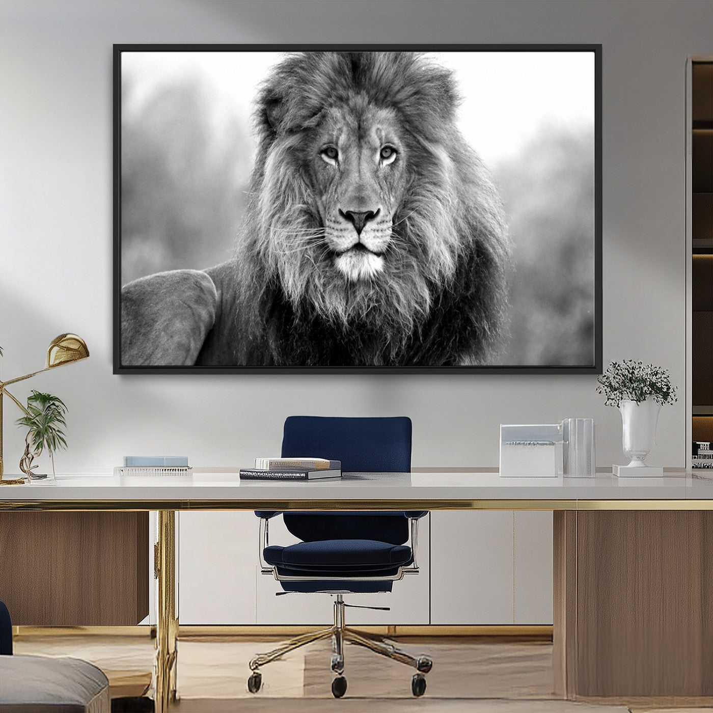 MGV-FC-36X24 - Black and White Lion Canvas Wall Art Animal Print