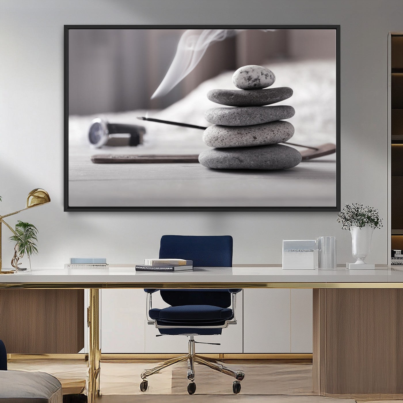 MGV-FC-36X24 - Burning Incense and Zen Stones Buddhism Wall Art, Zen Stones Wall Art Canvas Print
