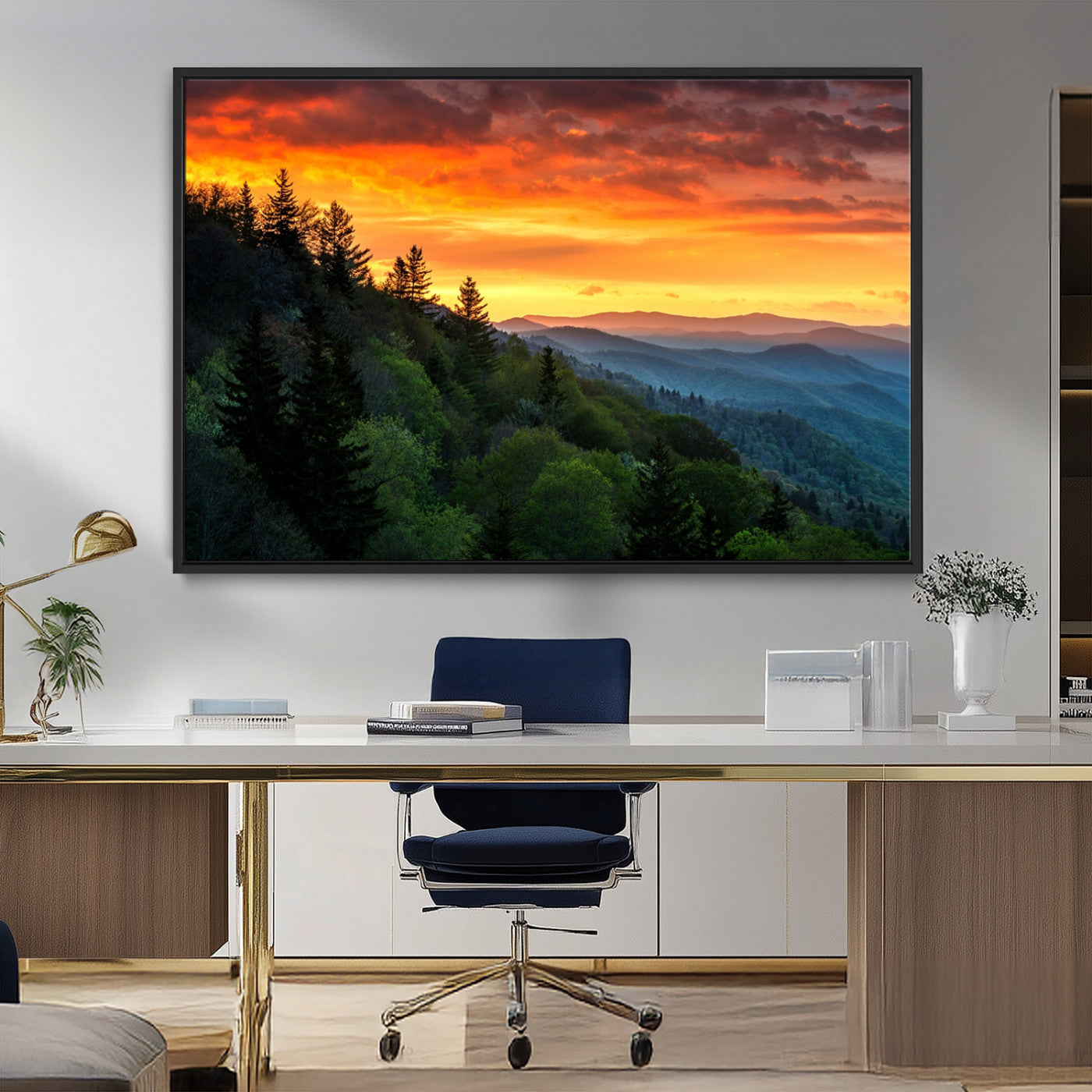 MGV-FC-36X24 - Great Smoky Mountains Sunset Wall Art Canvas Print | 3 Panel Large Nature Landscape Photography for