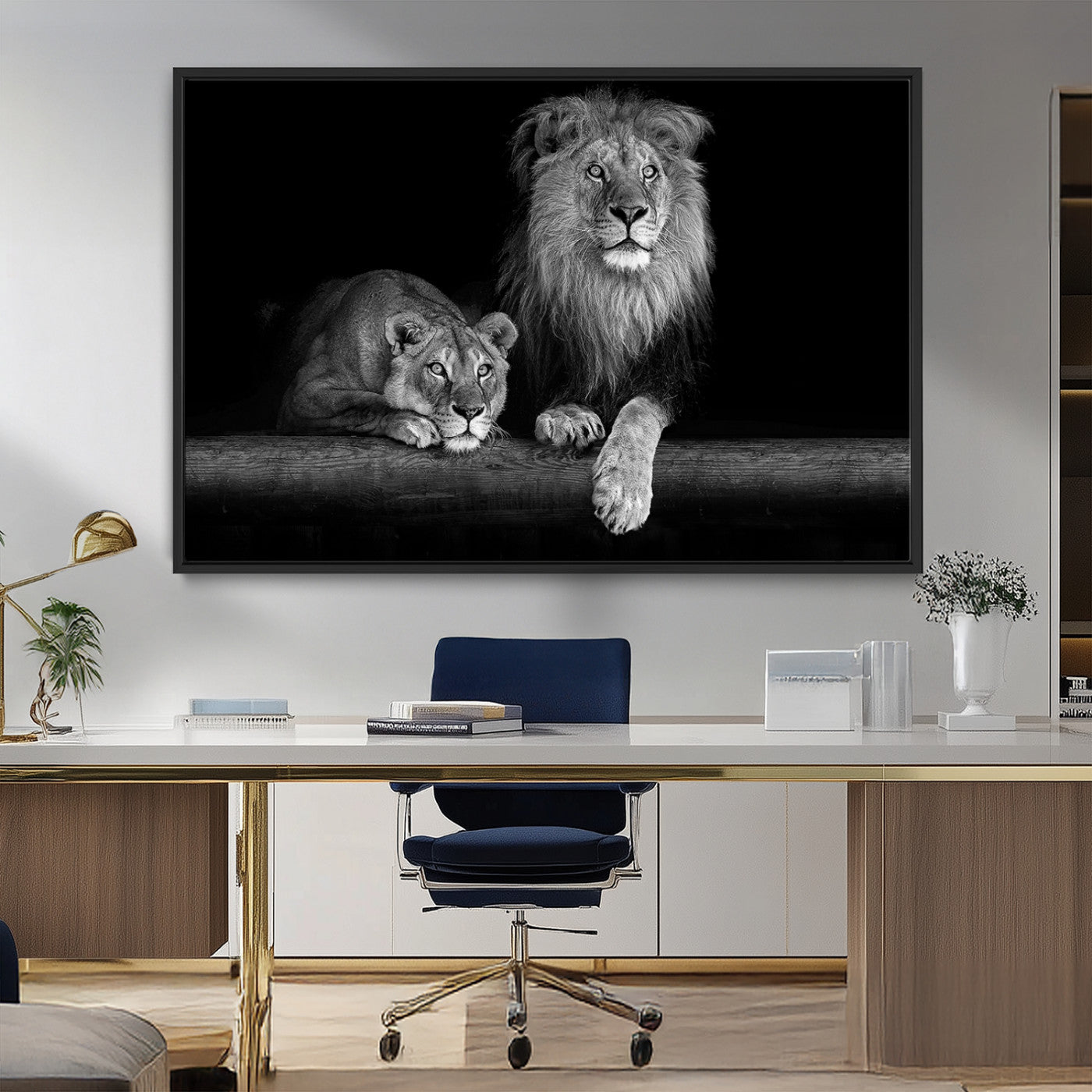 MGV-FC-36X24 - Large Black and White Lion Couple Wall Art Canvas Print