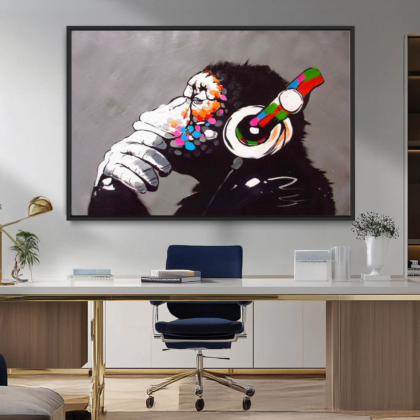 MGV-FC-36X24 - Dj Monkey Listening to Music Wall Art Print | Banksy Monkey Large Canvas Print for Living Room,