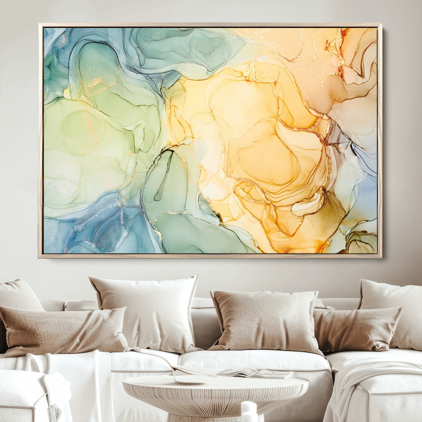 42195-MGV-CV-36X24-Green and Yellow Marble Fluid Effect Wall Art, Green and Yellow Marble Canvas Wall Art Print