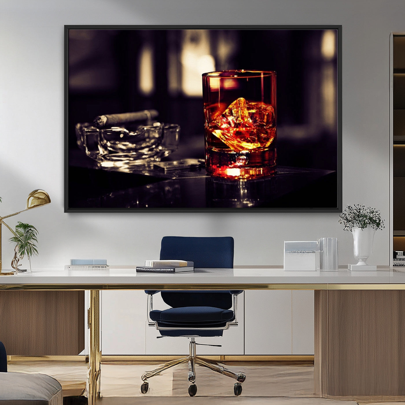 MGV-FC-36X24 - Whiskey and Cigar Canvas – Luxurious Wall Art for Home or Bar – Glass and Cigar Scene Print Canvas