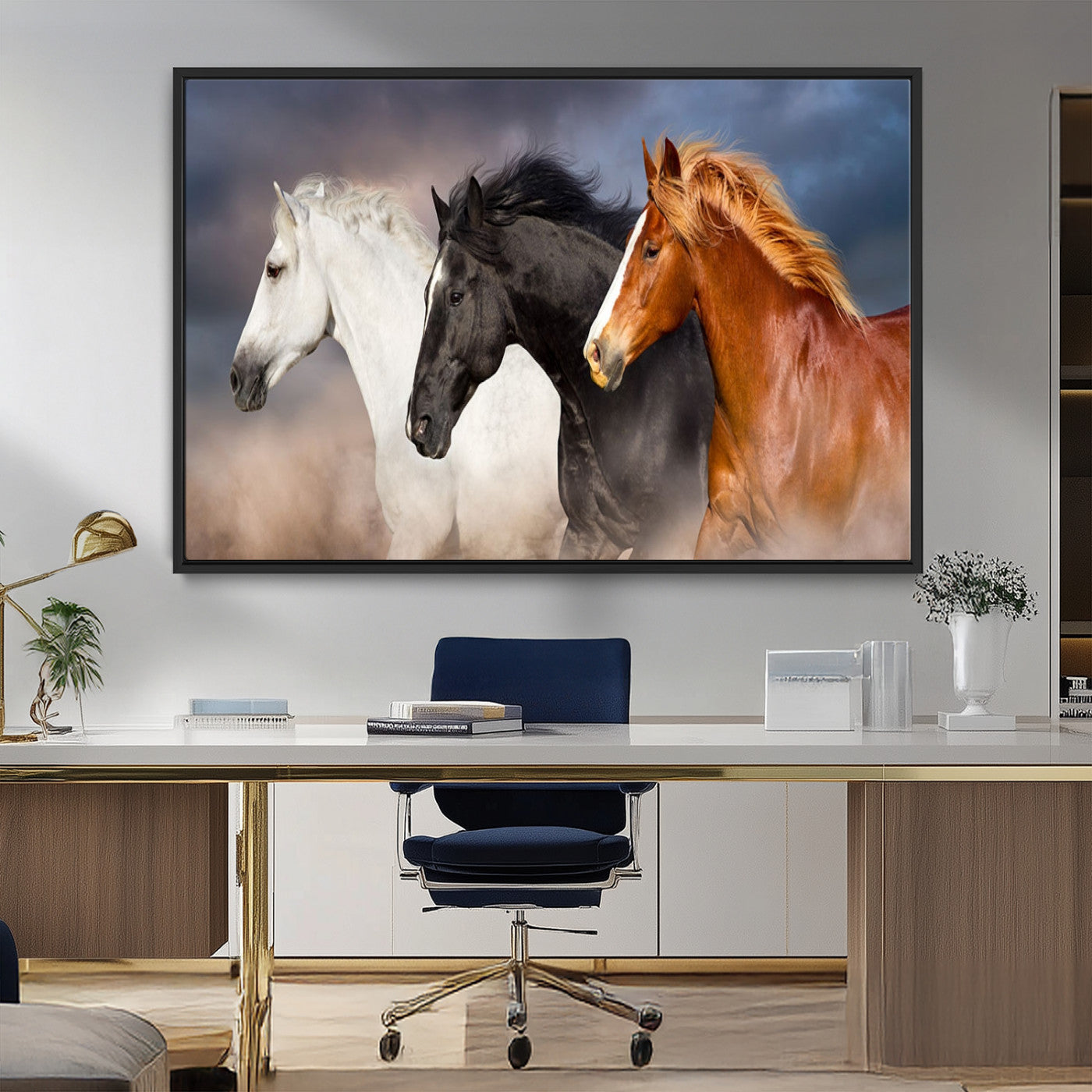 MGV-FC-36X24 - Animal Wall Art Three Horses Farmhouse Art Canvas, Framed Three Horses Canvas Print