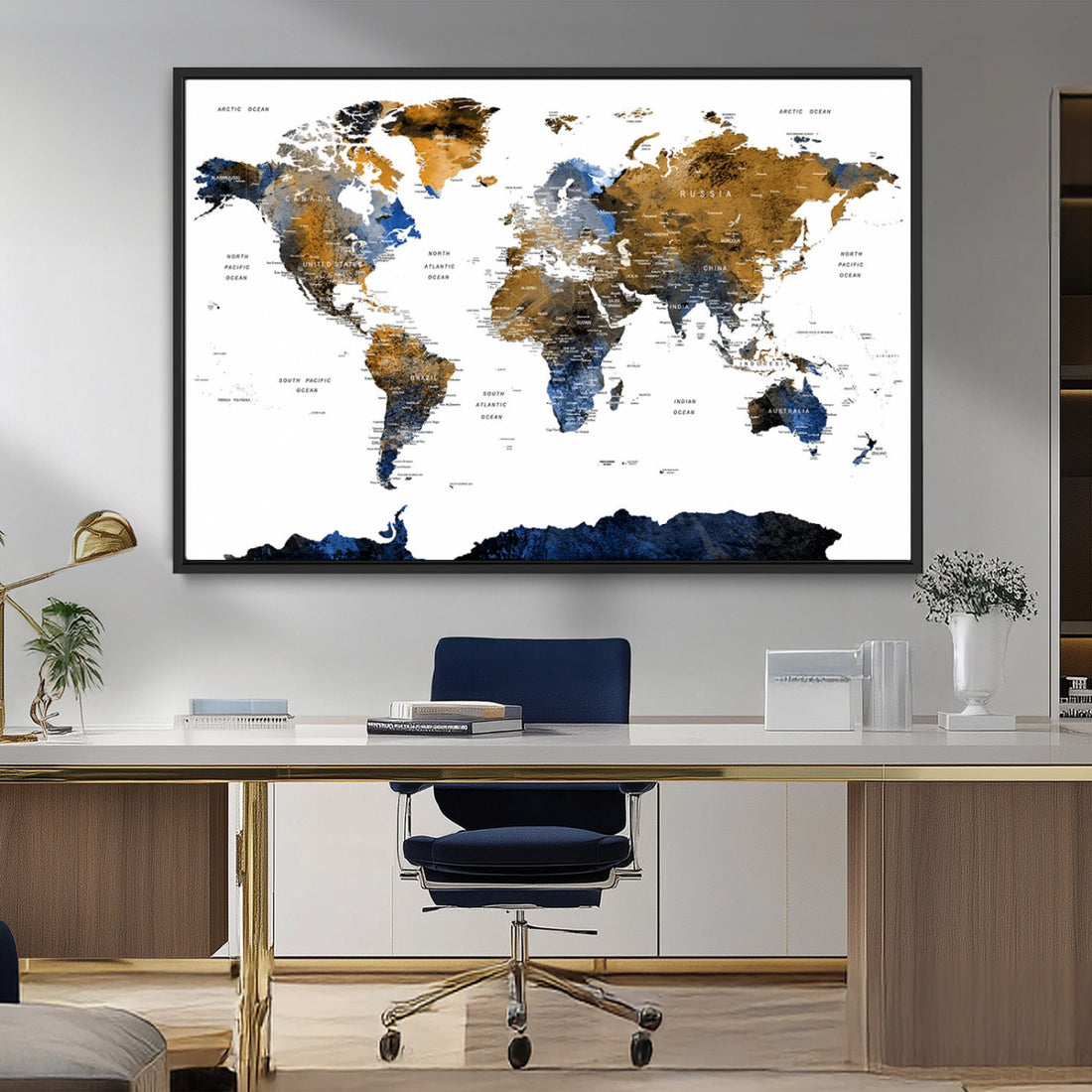 Modern Abstract World Map Canvas Wall Art | Framed Blue and Gold Map Print