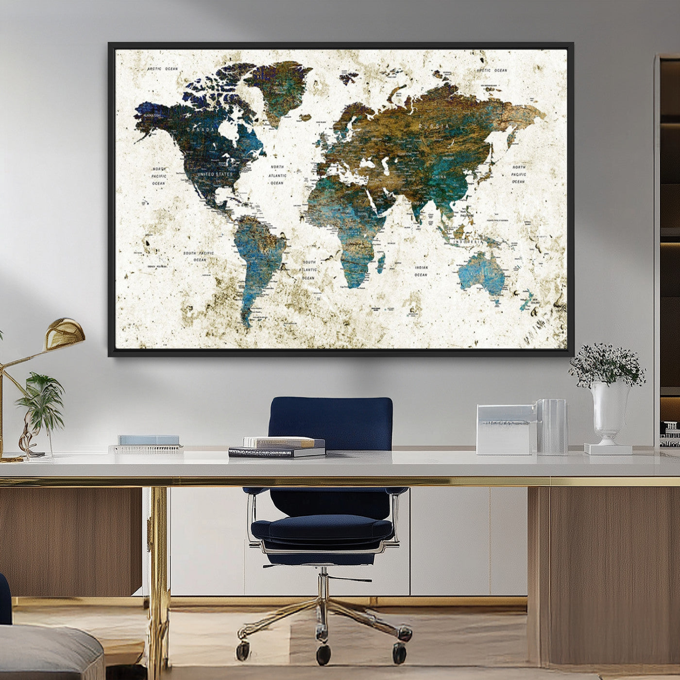 MGV-FC-36X24 - Vintage World Map Wall Art Canvas Print, Framed Rustic Earth Map Art Picture Print, Antique Map Perfect Rustic Vintage Decor Artwork