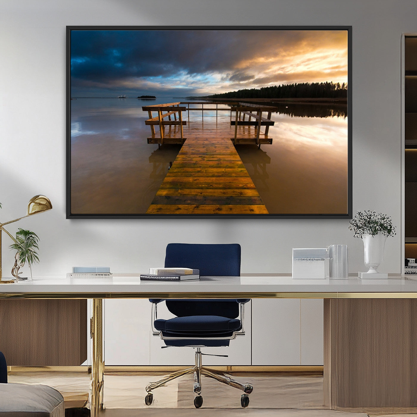 MGV-FC-36X24 - Serene Lake Pier at Sunset Canvas Print | Landscape Canvas Print | Ready to Hang and Framed Wall Art