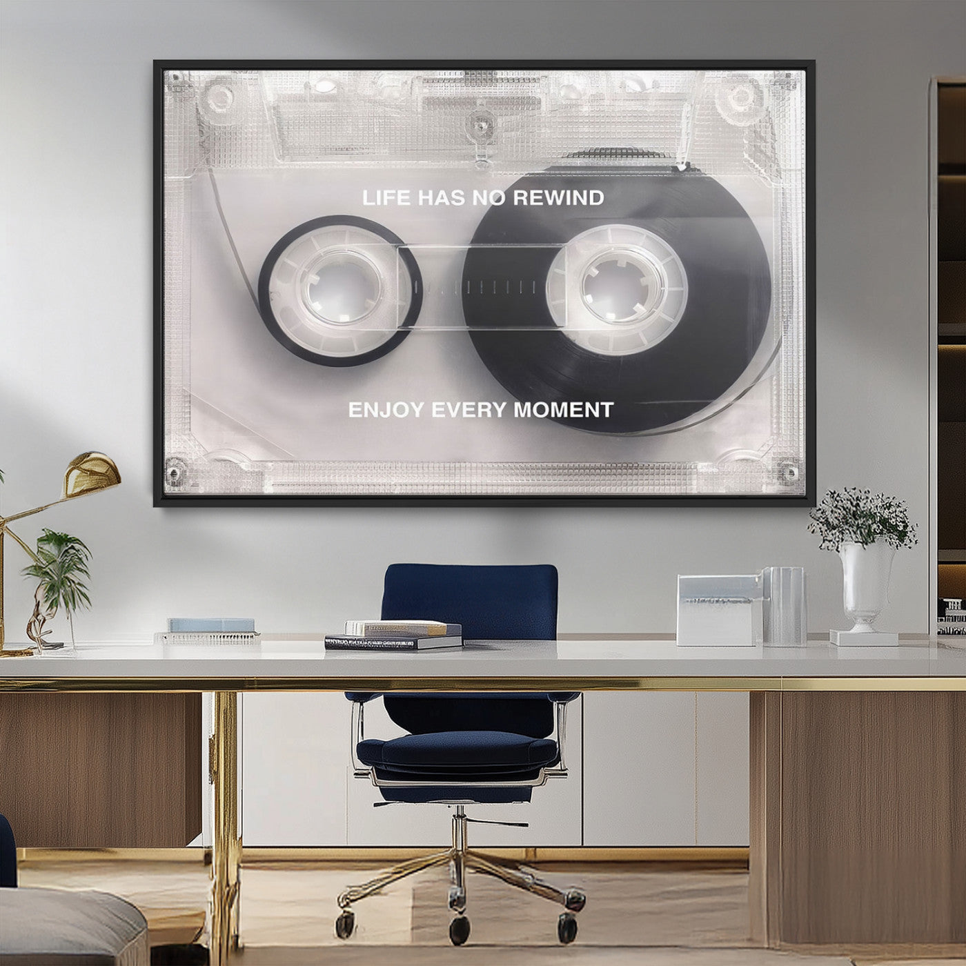 MGV-FC-36X24 - Vintage Cassette Tape Canvas Wall Art - Inspirational 'Life Has No Rewind' Quote, Retro Music Decor