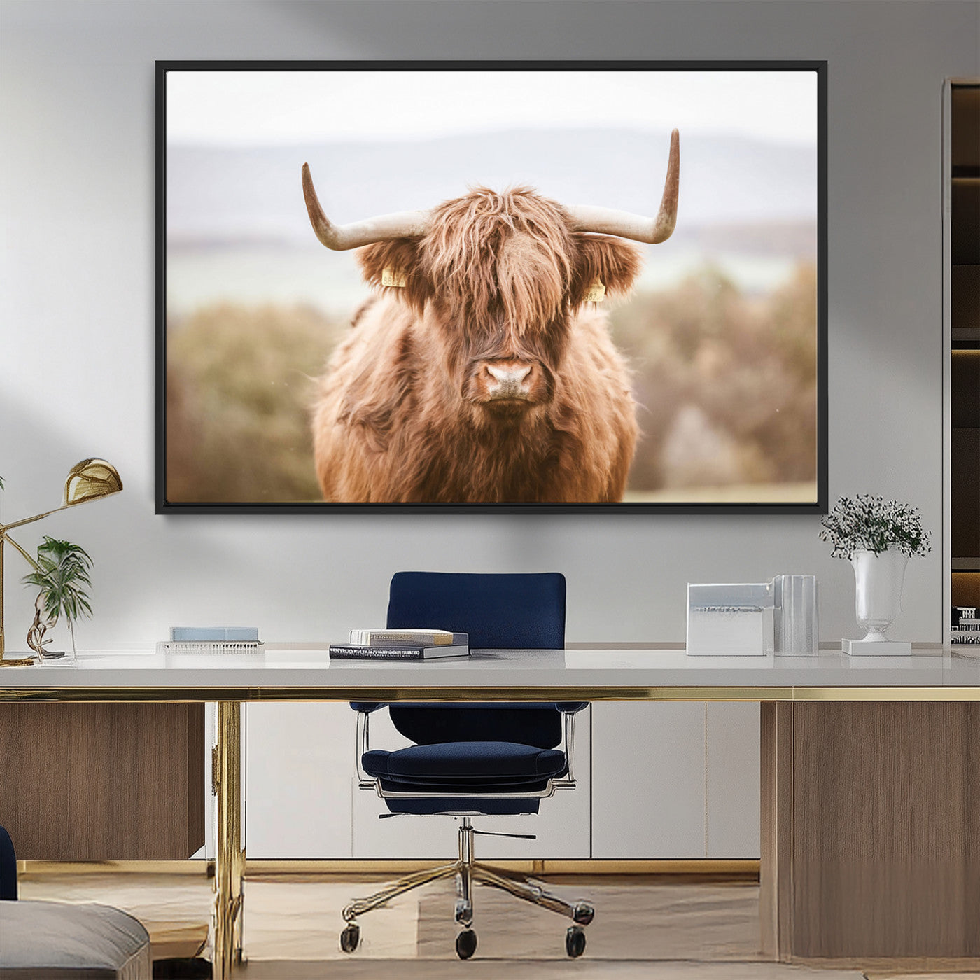 MGV-FC-36X24 - Scottish Serene Highland Cow Canvas Wall Art – Serene Highland Cow in Natural Pastel Tones – Ready
