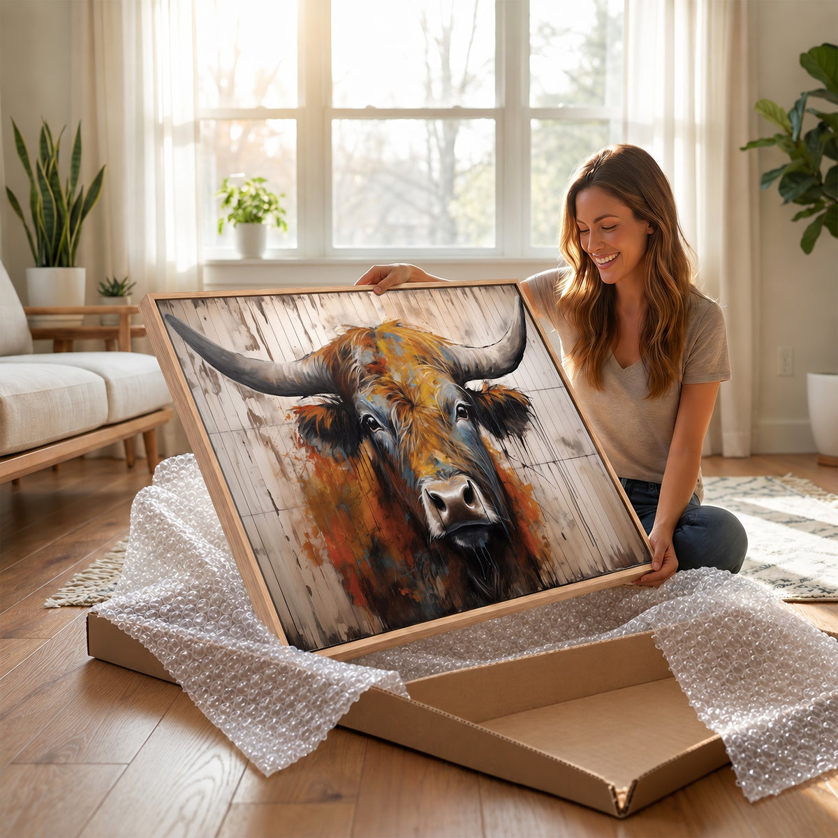 47284-MGV-CV-24X16 - Abstract Bull Highland Cow Canvas Wall Art Print