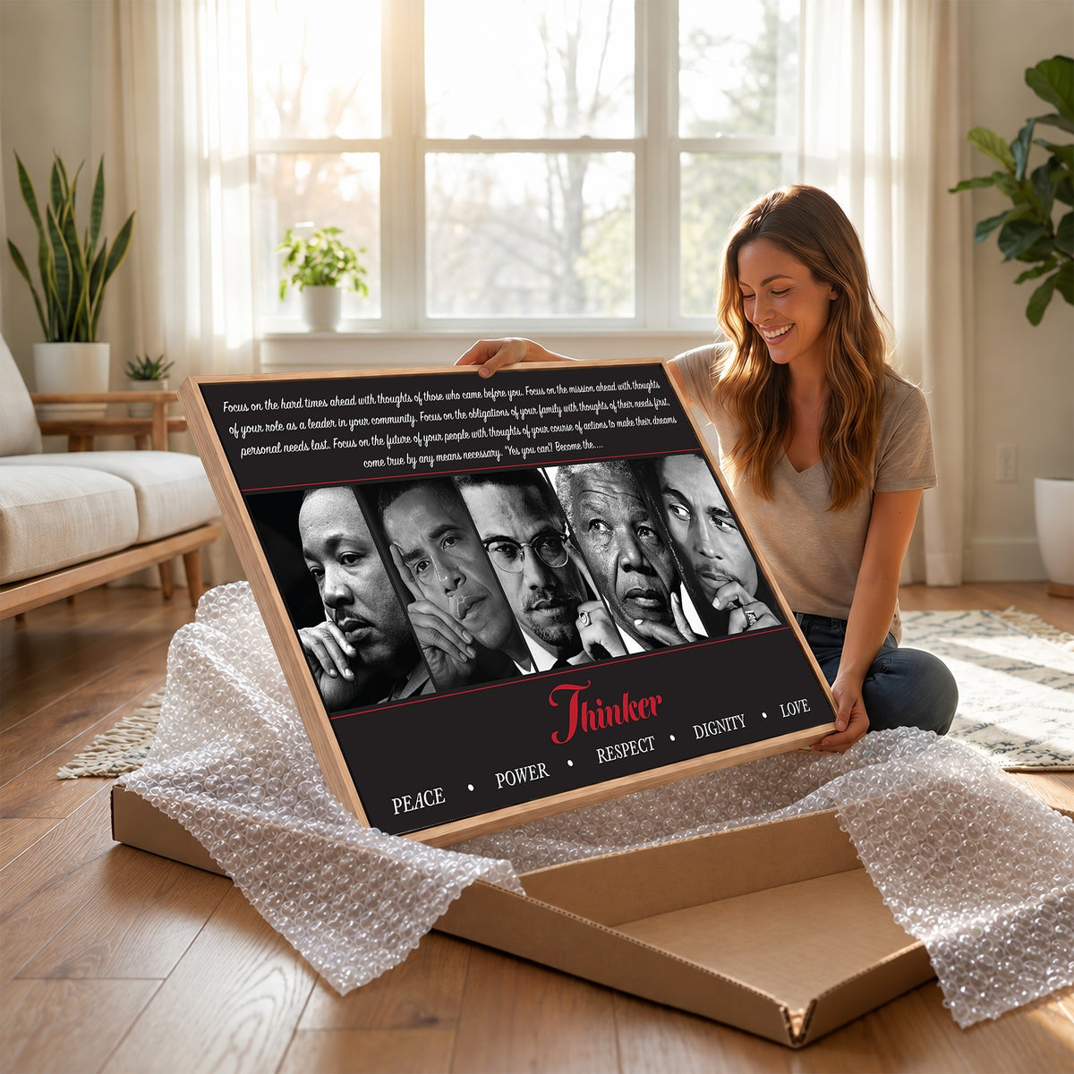 45112-MGV-CV-24X16 - Thinker Quintet Canvas Wall Art | Martin, Obama, Malcolm X, Mandela, Marley, Peace Power Respect Dignity Love
