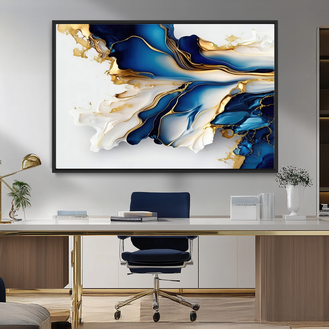 MGV-FC-36X24 - Gold Marble Art - Abstract Geode Gold And Blue Marble Shape 3 Pieces Wall Art Canvas Print