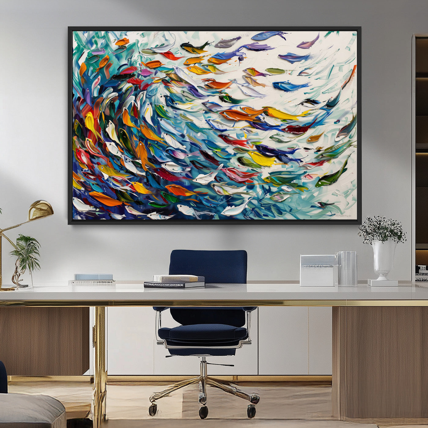 MGV-FC-36X24 - Modern Abstract Fish Shoal Wall Art Canvas Print, Colorful Fish Herd Painting on Canvas Print, Ocean