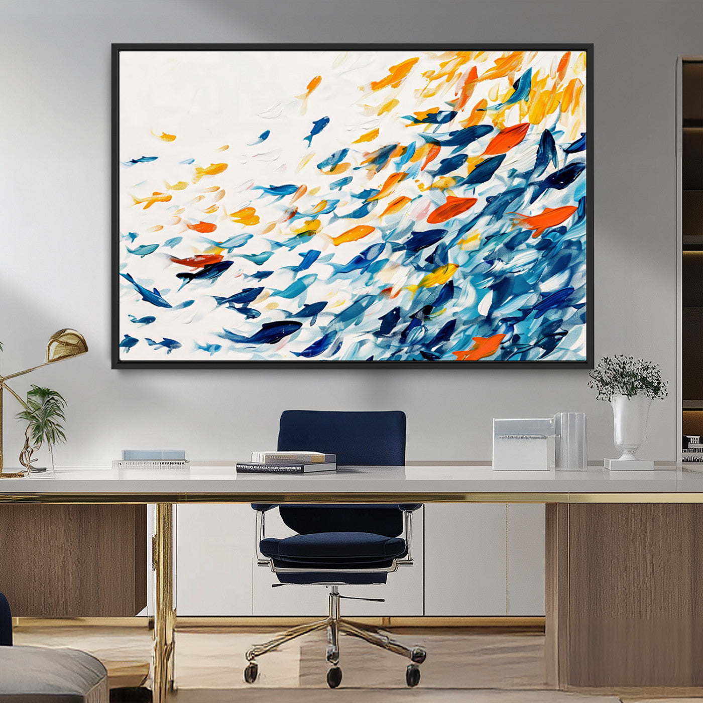 MGV-FC-36X24 - Abstract Fish Shoal Wall Art Canvas Print, Colorful Fish Herd Painting on Canvas Print, Ocean Animal