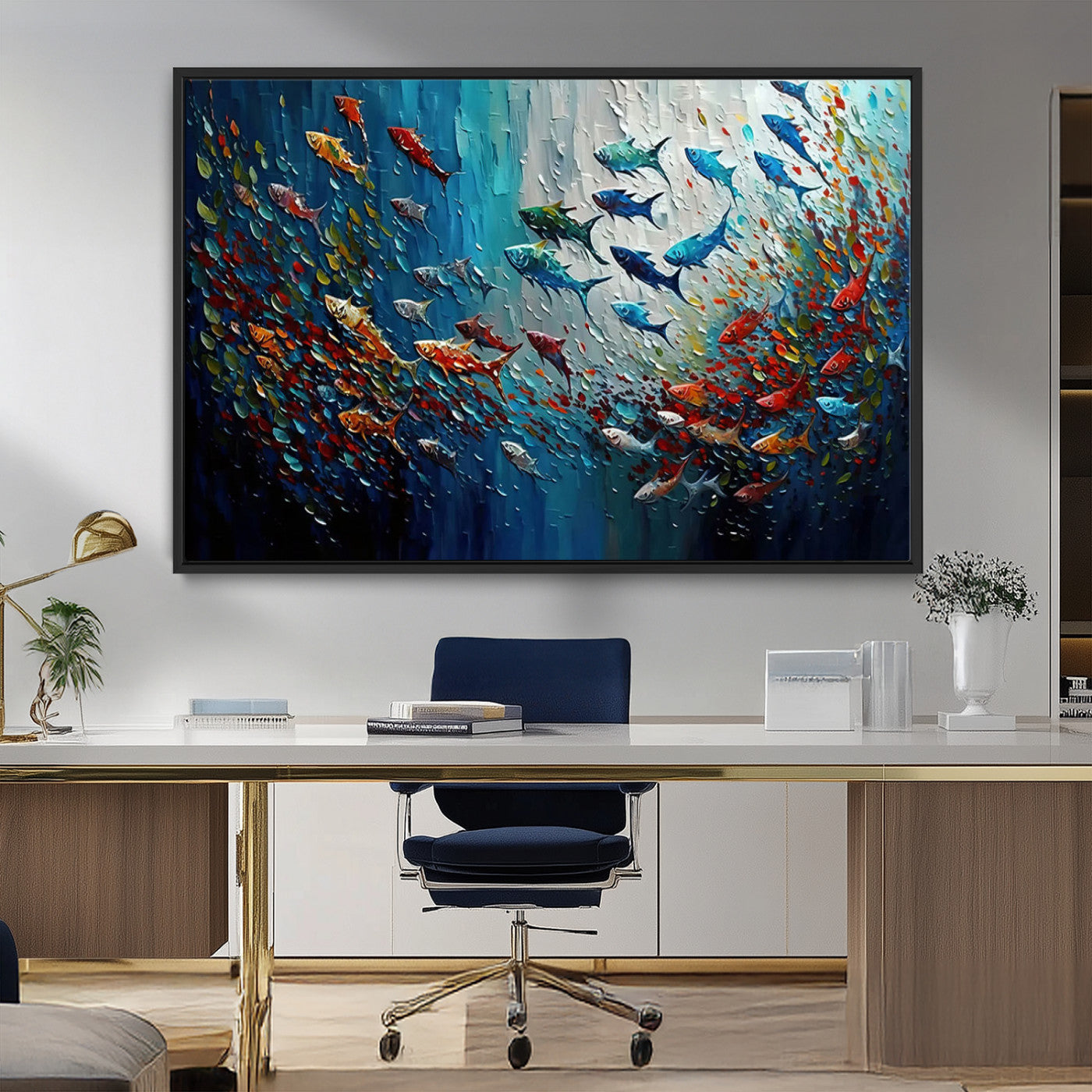 MGV-FC-36X24 - Modern Abstract Fish Shoal Wall Art Canvas Print, Colorful Fish Herd Painting on Canvas Print, Ocean