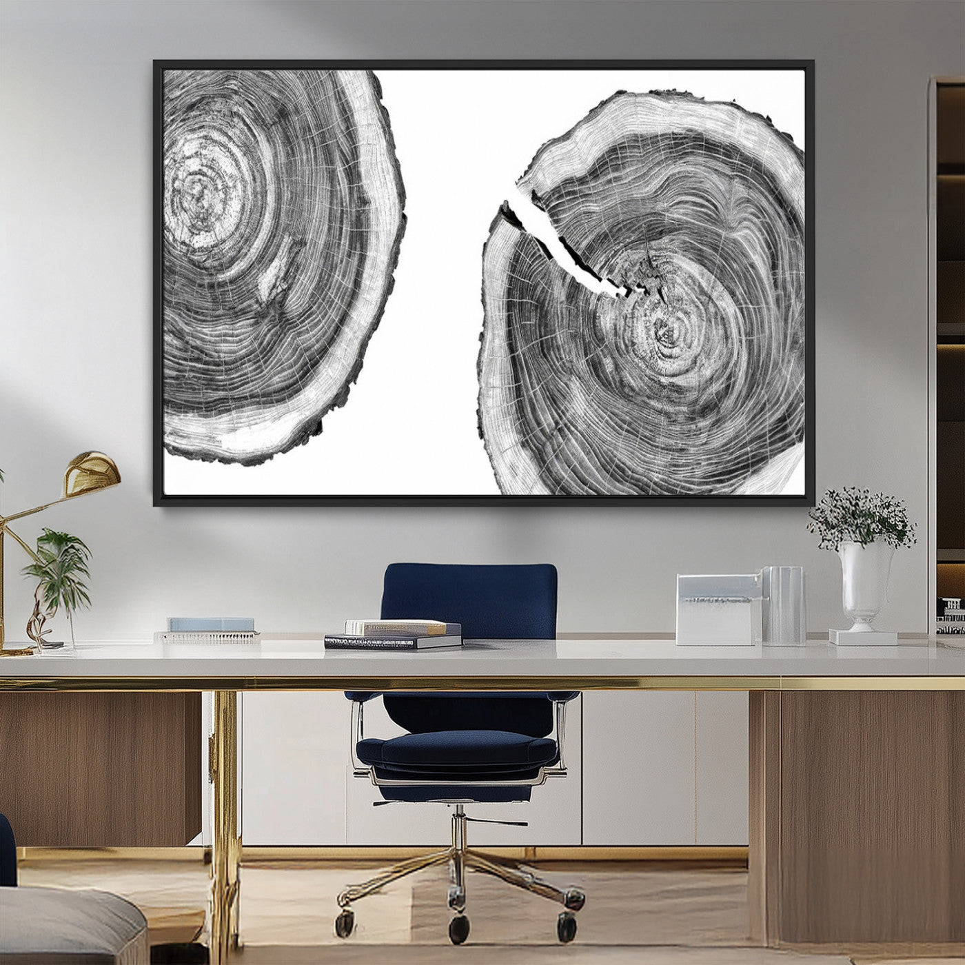 MGV-FC-36X24 - Modern Black and White Tree Rings Canvas Wall Art – Nature Inspired Wood Slice Print – Minimalist