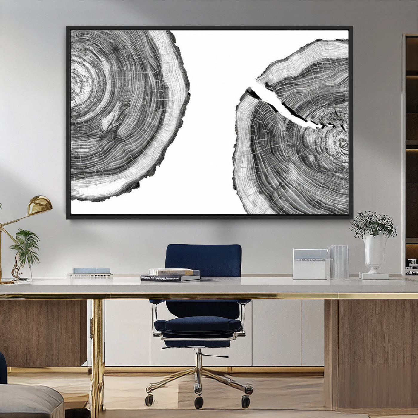 MGV-FC-36X24 - Abstract Large Tree Rings – Minimalist Black and White Wood Art | Triptych Canvas, Modern Wall Decor