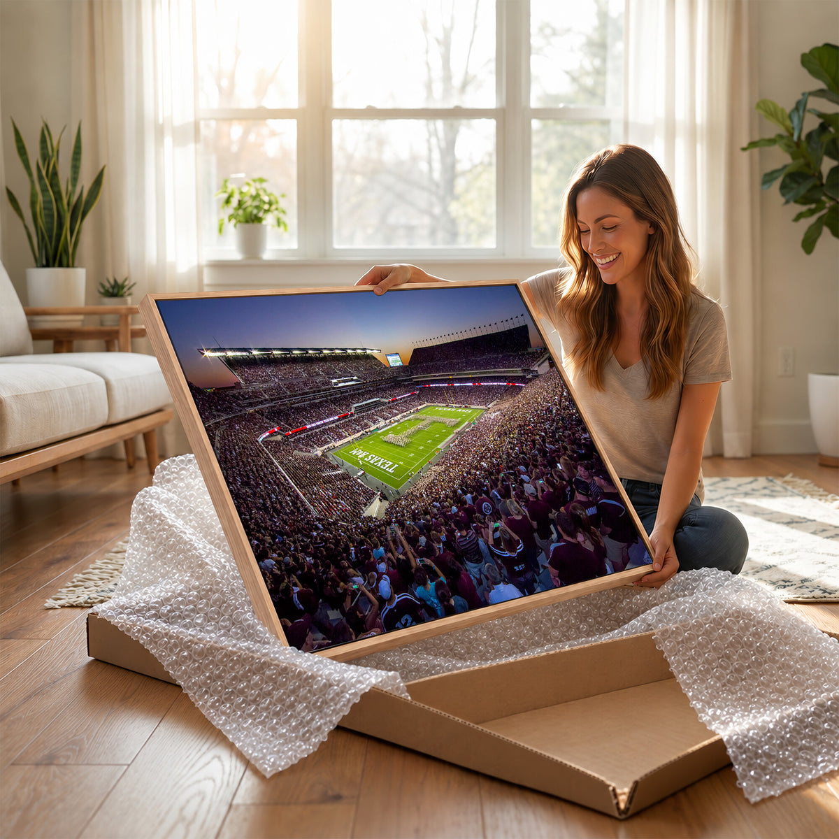 25148-MGV-CV-36X24 - Texas A&M University Aggies Football Team Print, College Station Kyle Field, Framed and Ready to Hang