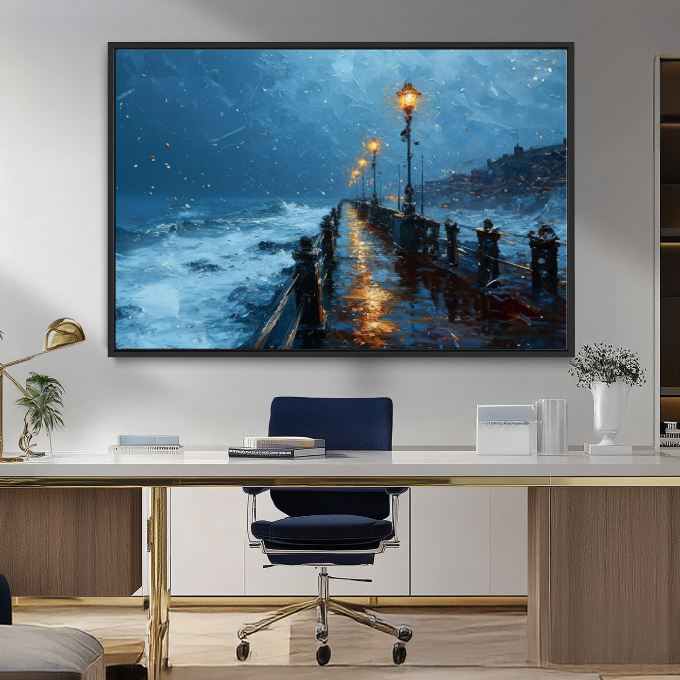 MGV-FC-36X24 - Stormy Night at Beach Pier Oil Painting Large Wall Art Print, Framed Canvas Nature Wall Decor,