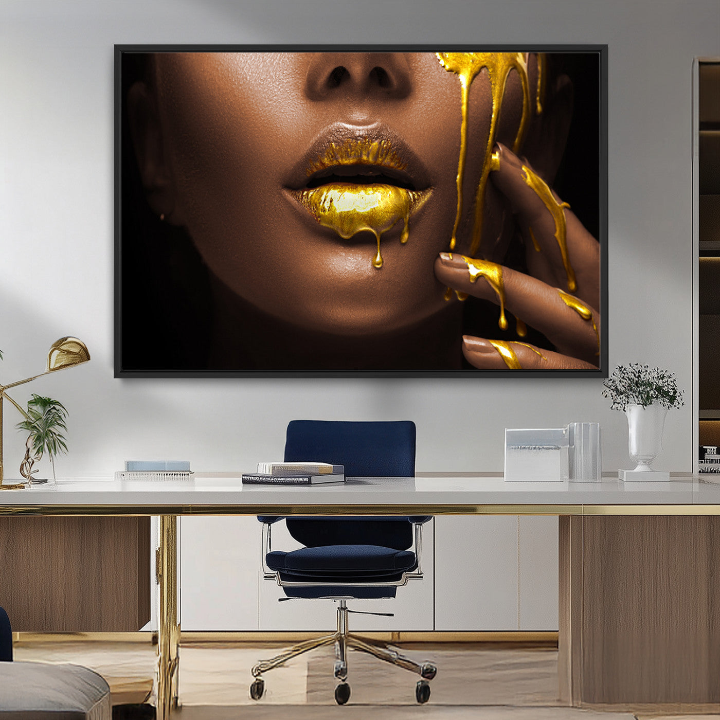 MGV-FC-36X24 - African American Art Black Woman Canvas Print, African Wall Art, Fashion African Woman Gold Lips