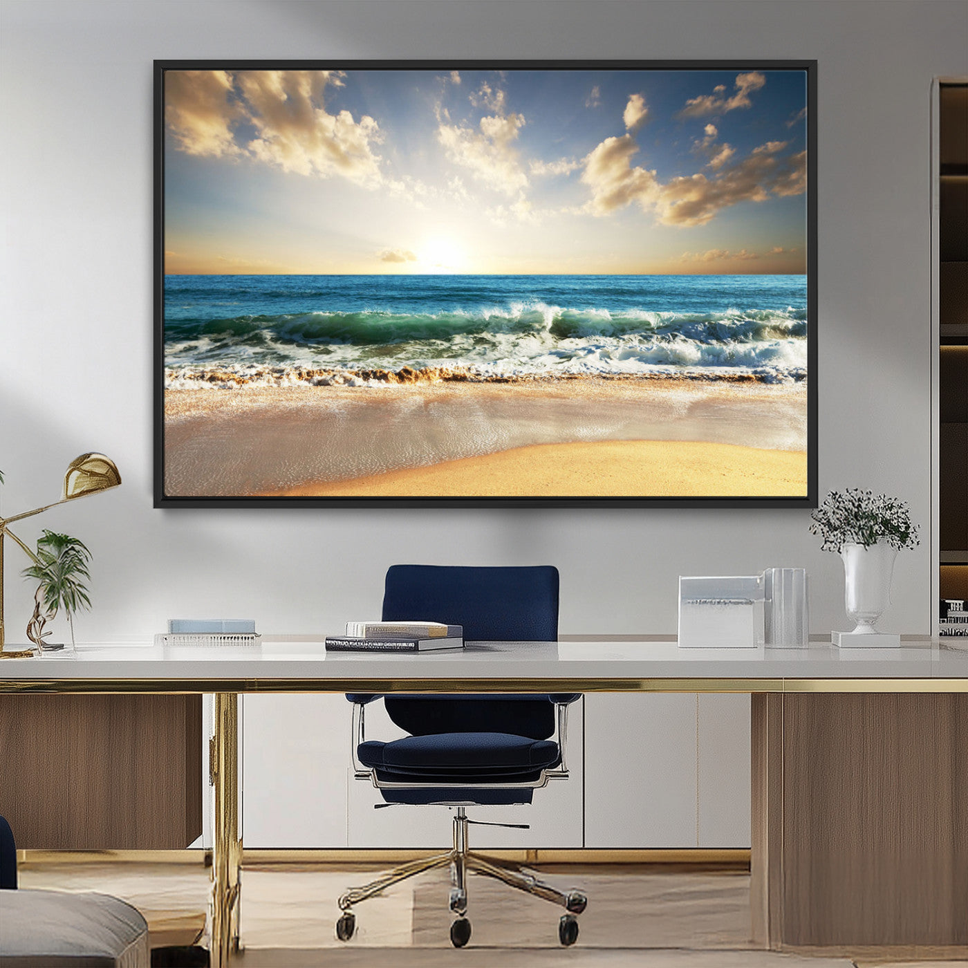 MGV-FC-36X24 - Golden Sunset Beach Triptych Canvas Wall Art for Living Room – 3-Panel Ocean View, Framed & Ready to