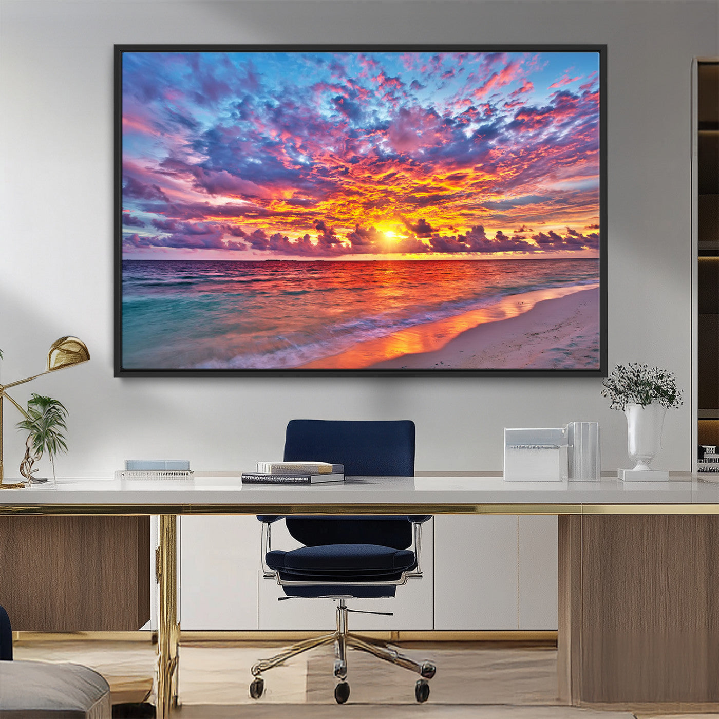 MGV-FC-36X24 - Vibrant Sunset Beach Wall Art - Ocean Sunset Canvas Print | Coastal Wall Art Decor Stunning Sunset
