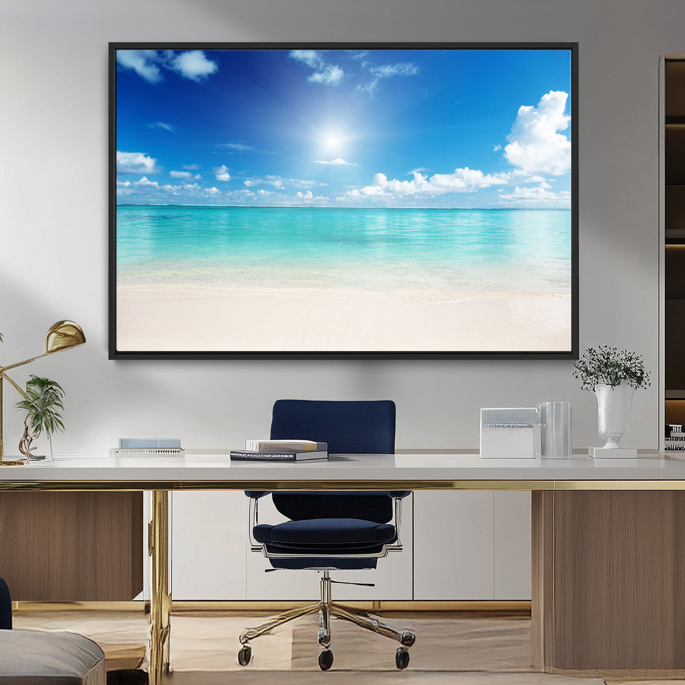MGV-FC-36X24 - Blue Ocean Wall Art Canvas Print - Tranquil Ocean Paradise Triptych Wall Art - Ready to Hang Beach