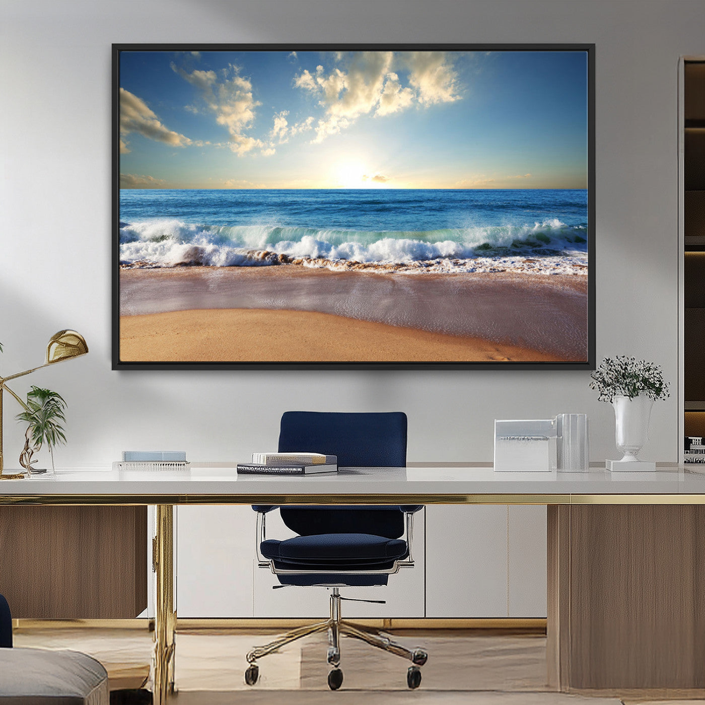 MGV-FC-36X24 - Serene Ocean Sunset Canvas Wall Art - Beach Waves at Sunset, Ready to Hang