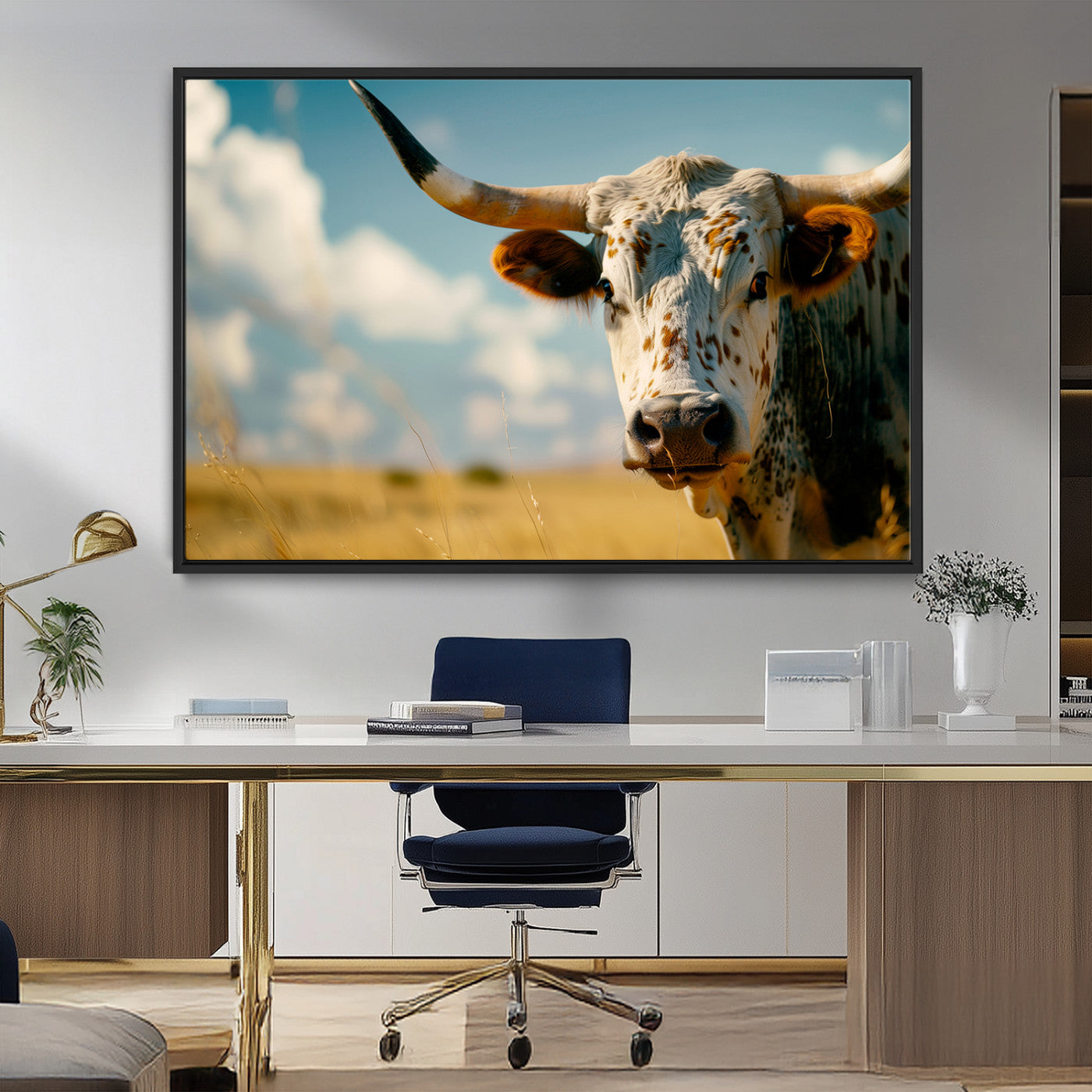 MGV-FC-36X24 - Longhorn in the Prairie - Stunning Ranch-Style Triptych Wall Art for Western Home Decor, Cowboy Wall