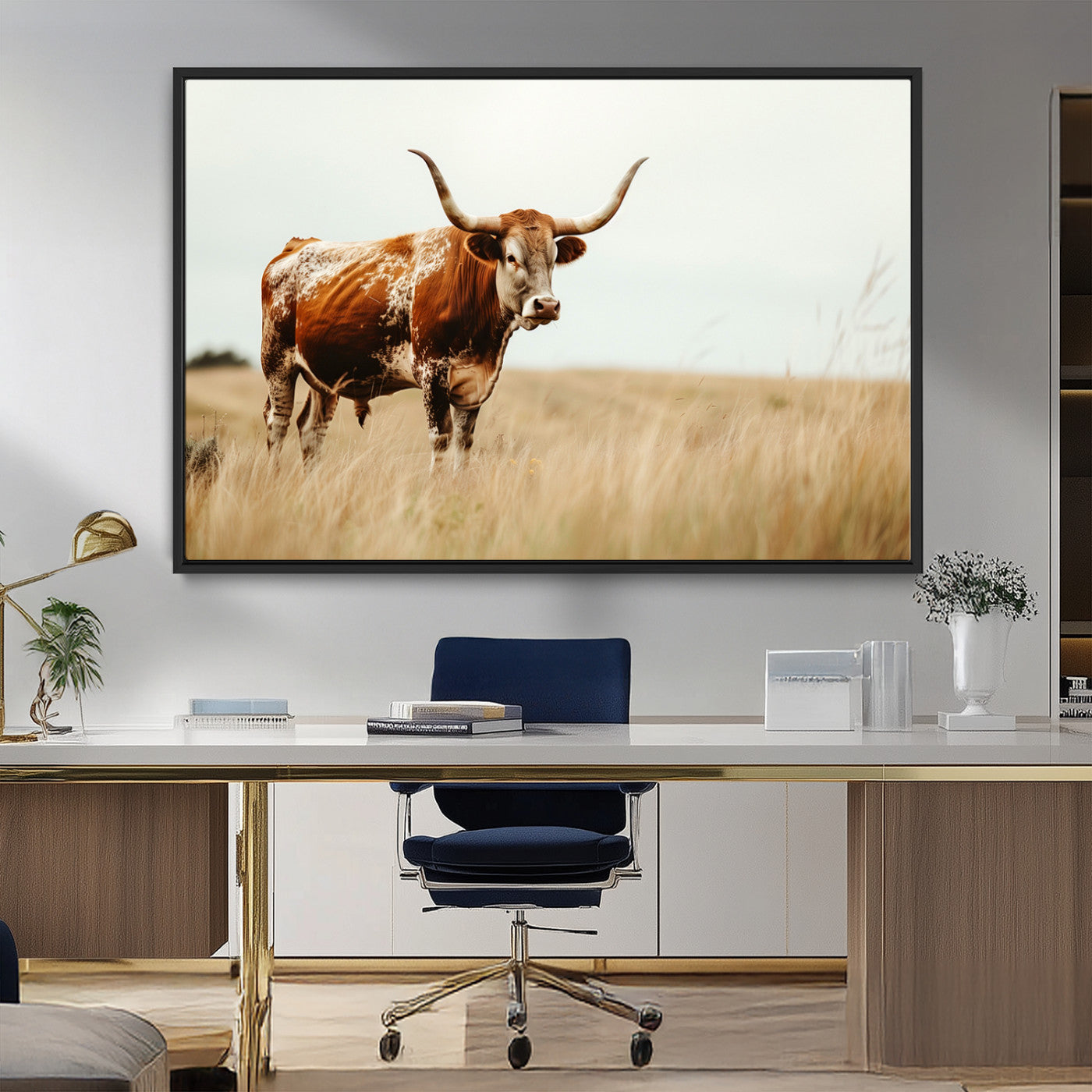 MGV-FC-36X24 - Texas Longhorn Canvas Wall Art Print – Majestic Western Cattle in Rustic Farmhouse Decor – Cow Wall
