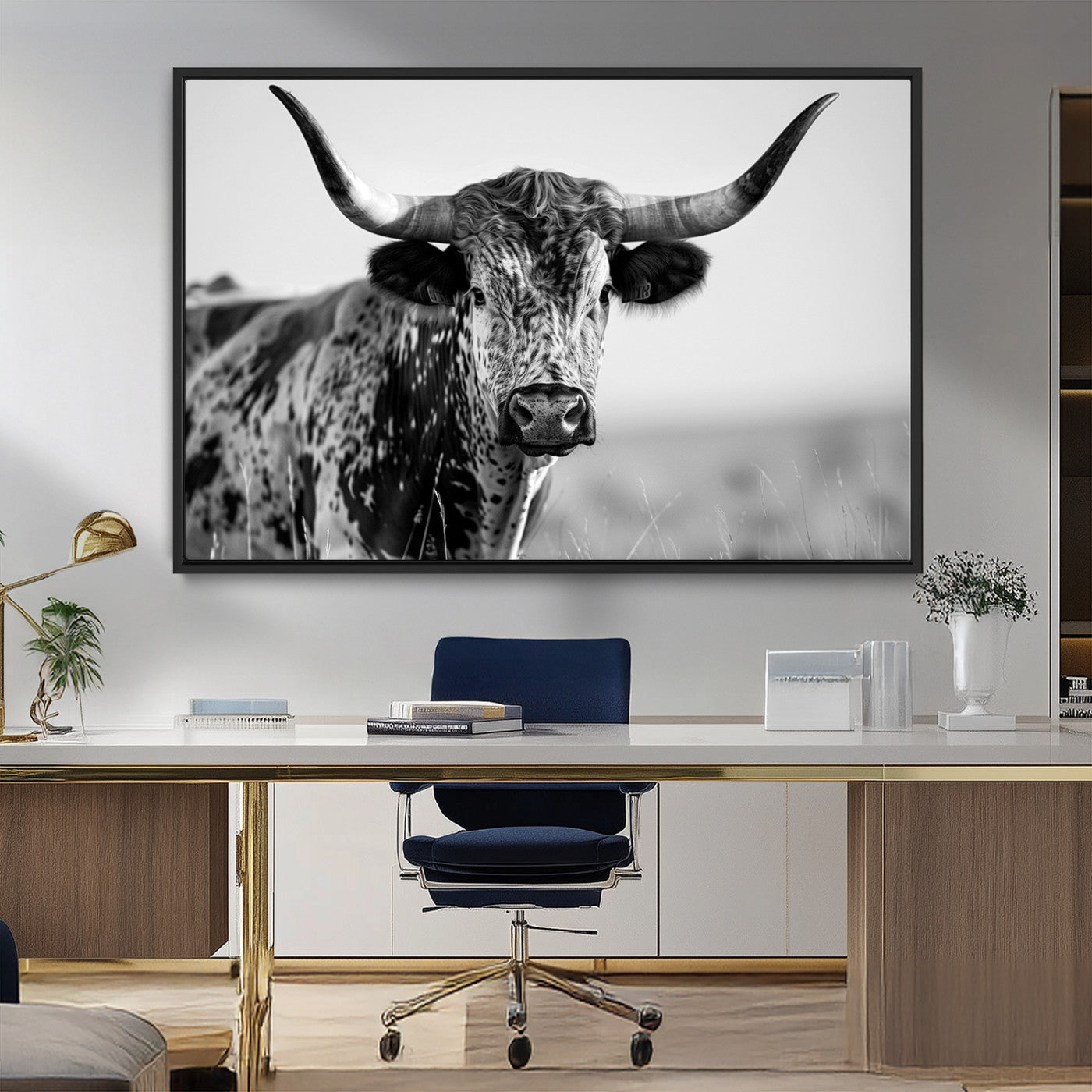 MGV-FC-36X24 - Texas Highland Cow Longhorn Canvas Print - Rustic Farmhouse Wall Art - Large Texas Longhorn