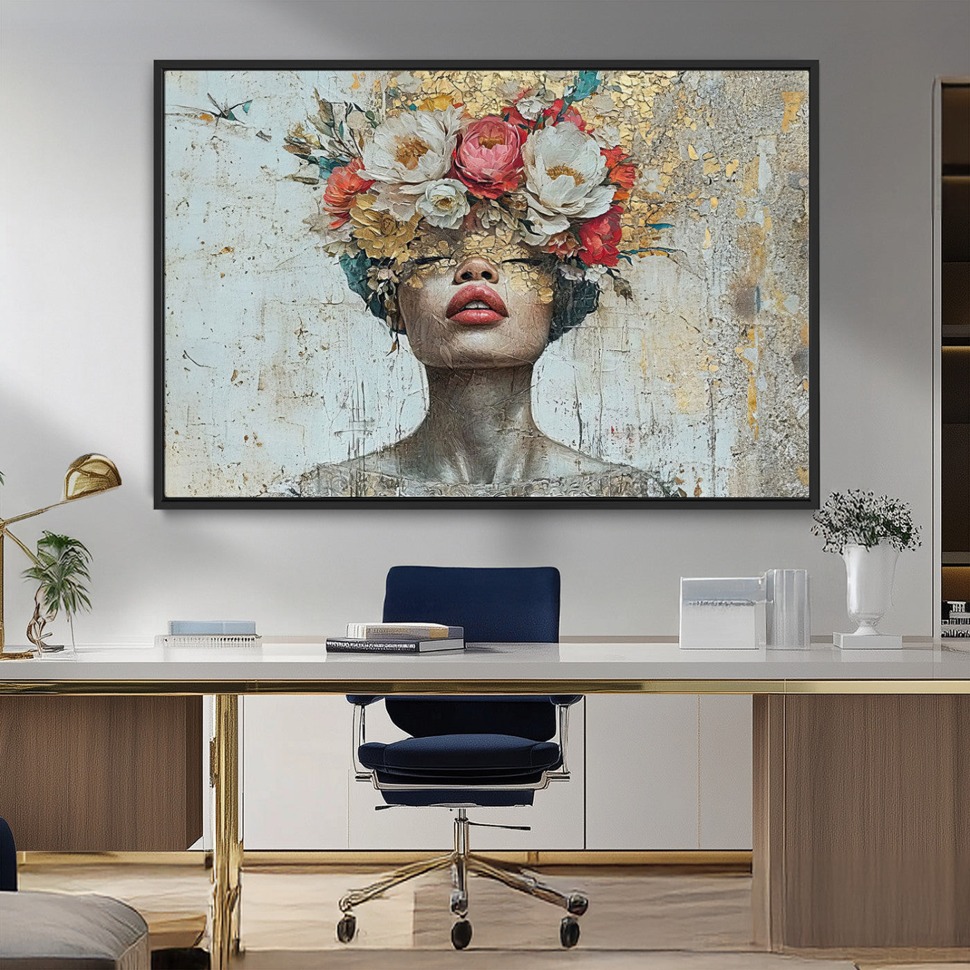 MGV-FC-36X24 - Golden Petal Wall Art Canvas Print - Silhouette Woman Wall Art Canvas Print, Floral Woman Portrait