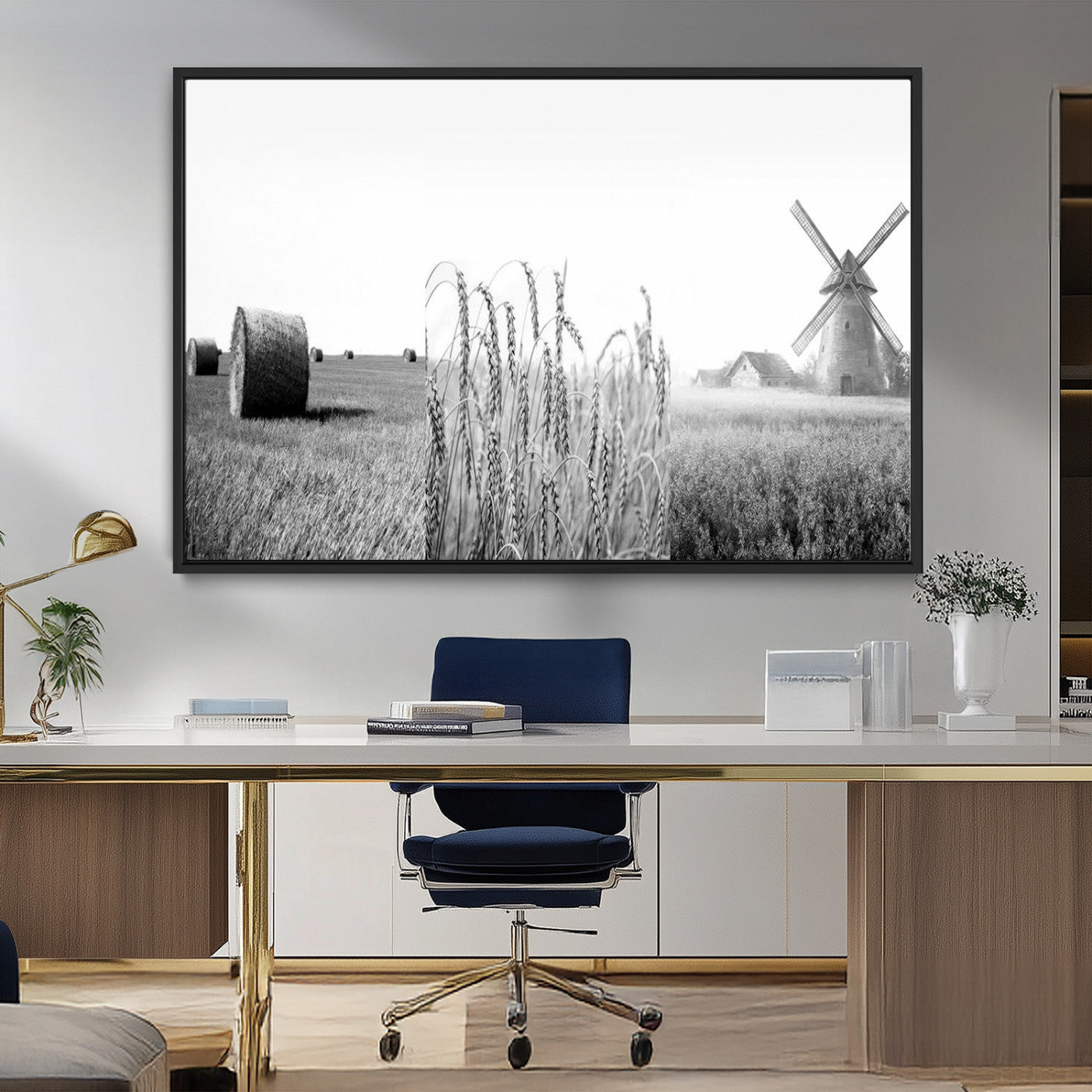 MGV-FC-36X24 - Vintage Farmhouse Black and White Triptych Wall Art – Giclee Canvas Featuring Wheat Fields, Hay