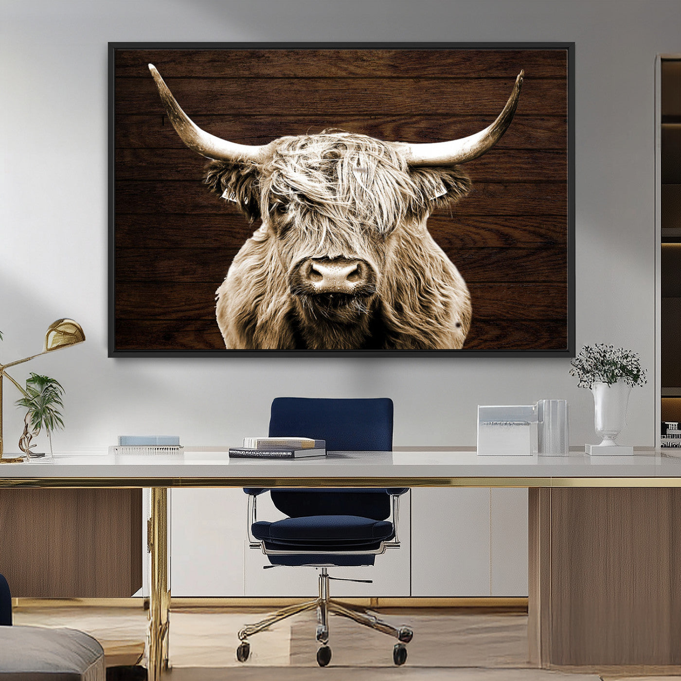 MGV-FC-36X24 - Highland Cow Wall Art Canvas Print, Rustic Farmhouse Decor, Majestic Scottish Highland Bull Portrait