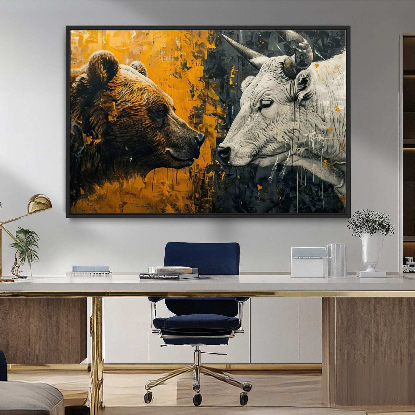 MGV-FC-36X24 - Bear and Bull Wall Art Canvas Print – Abstract Animal Portrait Painting for Modern Home Decor –
