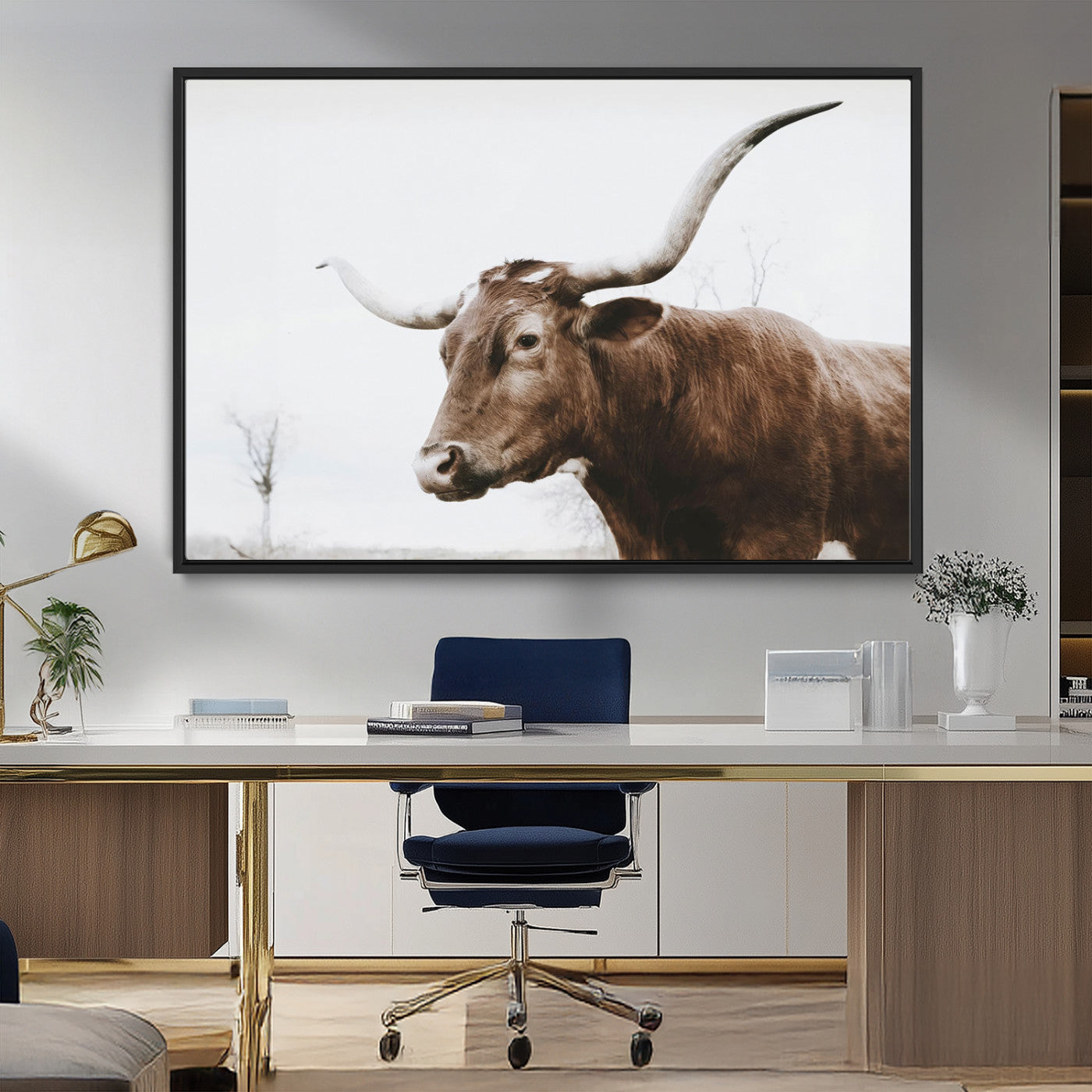 MGV-FC-36X24 - Rustic Bull Wall Art Canvas Print – Modern Longhorn Farmhouse Animal Decor – Abstract Farm Cow