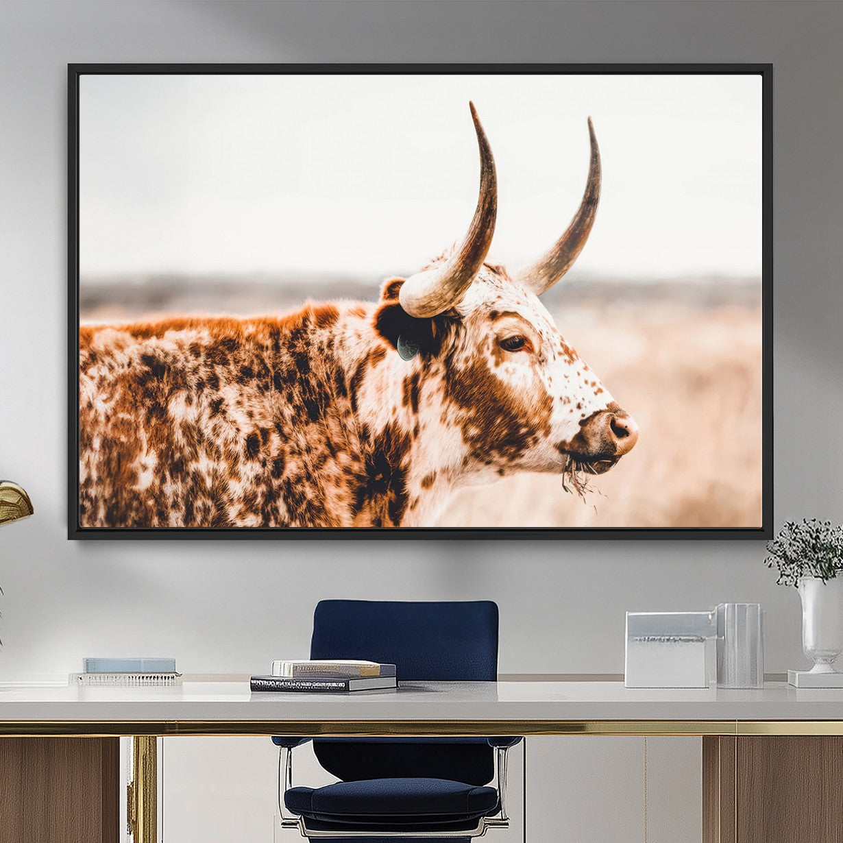 MGV-FC-36X24 - Speckled Bull Wall Art Canvas Print – Rustic Cow Longhorn Farmhouse Animal Decor – Western Longhorn